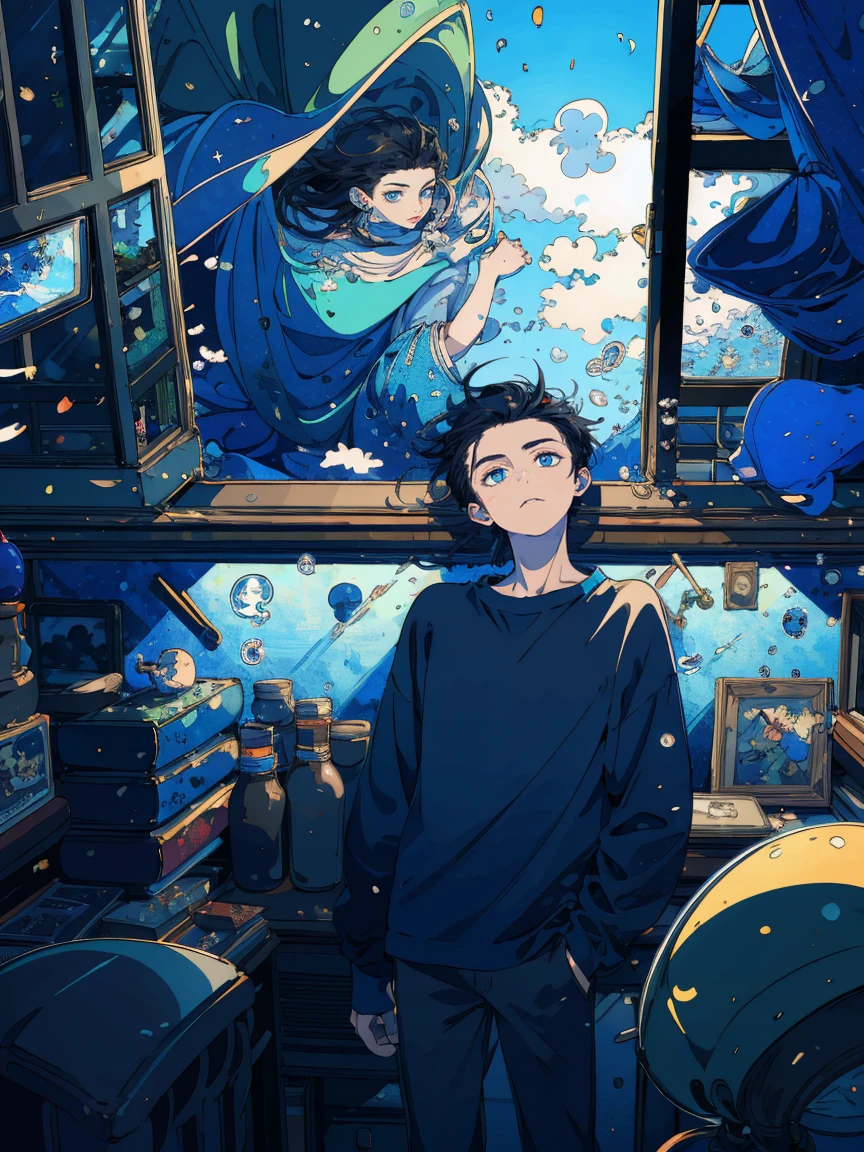 (masterpiece:1.2), Highest quality,Pixiv,Fairytale Style, 18-year-old, boy, Black Hair, blue eyes, Indifference, window, Long hair


