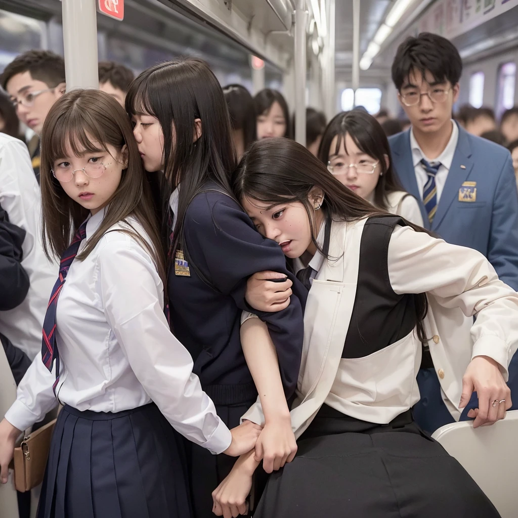 17-year-old high school girl, Crowded train, school uniform, Embarrassing, Being molested:1.5, Browsing Caution, Full Body Shot, 1 male, (((女子高生がBeing molested:1.5))), (so beautiful), (Beautiful Face:1.5), She&#39;s crying, (High School Uniform:1.2), (日本のCrowded train内:1.5), A man forcefully kisses his girlfriend、(She takes off her skirt:1.5)、(The man hugs her chest:1.5)、(((Visible from the sailor blouse)))、(moaning in pain:1.3)、(Ecstasy:1.5)、Screaming with mouth open、A man pulls up her skirt to reveal her underwear、She has beautiful short, wavy, brown bob hair.、Japanese、Her whole body is flushed red、She resisted with her face red. 、Anatomically correct, Being molested:1.5, Being molested:1.5, Being molested:1.5, Being molested:1.5, Being molested:1.5