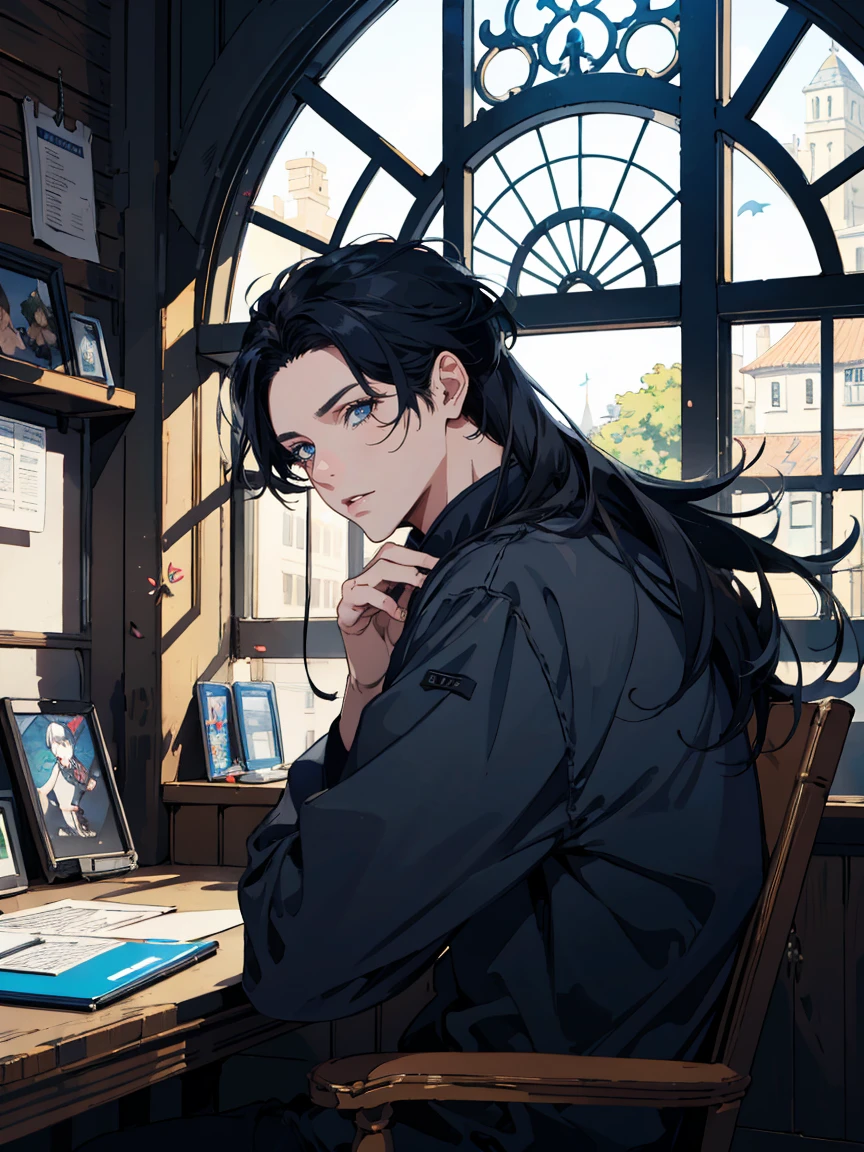 Highest quality,Pixiv,Fairytale Style, ２５age, boy, Black Hair, blue eyes, Indifference, window, Long hair