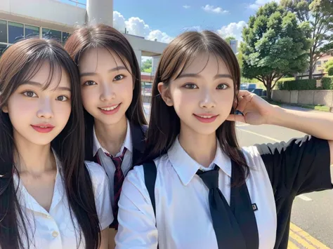 (a super cute korean schoolgirl takes a commemorative photo while walking with her beautiful best friend:1.2)(laughing:1.2)(beau...