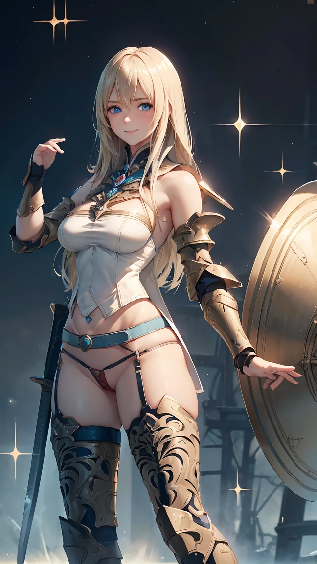 Browsing Caution,Sensual, Long blonde hair, Thick thighs, 8k, 4K, Highest quality, (High resolution:1.6), Cute anime face, Noise Reduction,Flaxen Hair、 (Sparkling Blue Eyes, A kind smile:1.3, Kind eyes:1.3)、Young Face, Anime Eyes, Asheria、(Sword in right hand:1.5)、(Equipped with a shield on the left arm:1.5)、(SFW Giant:1.9)、Large areola, Puffy nipples:1.3, tight, skinny, Long tights、Knee-high boots、(garter belt:1.5)、Beautiful Hands、Beautiful fingers、(High cut thong:1.5)
