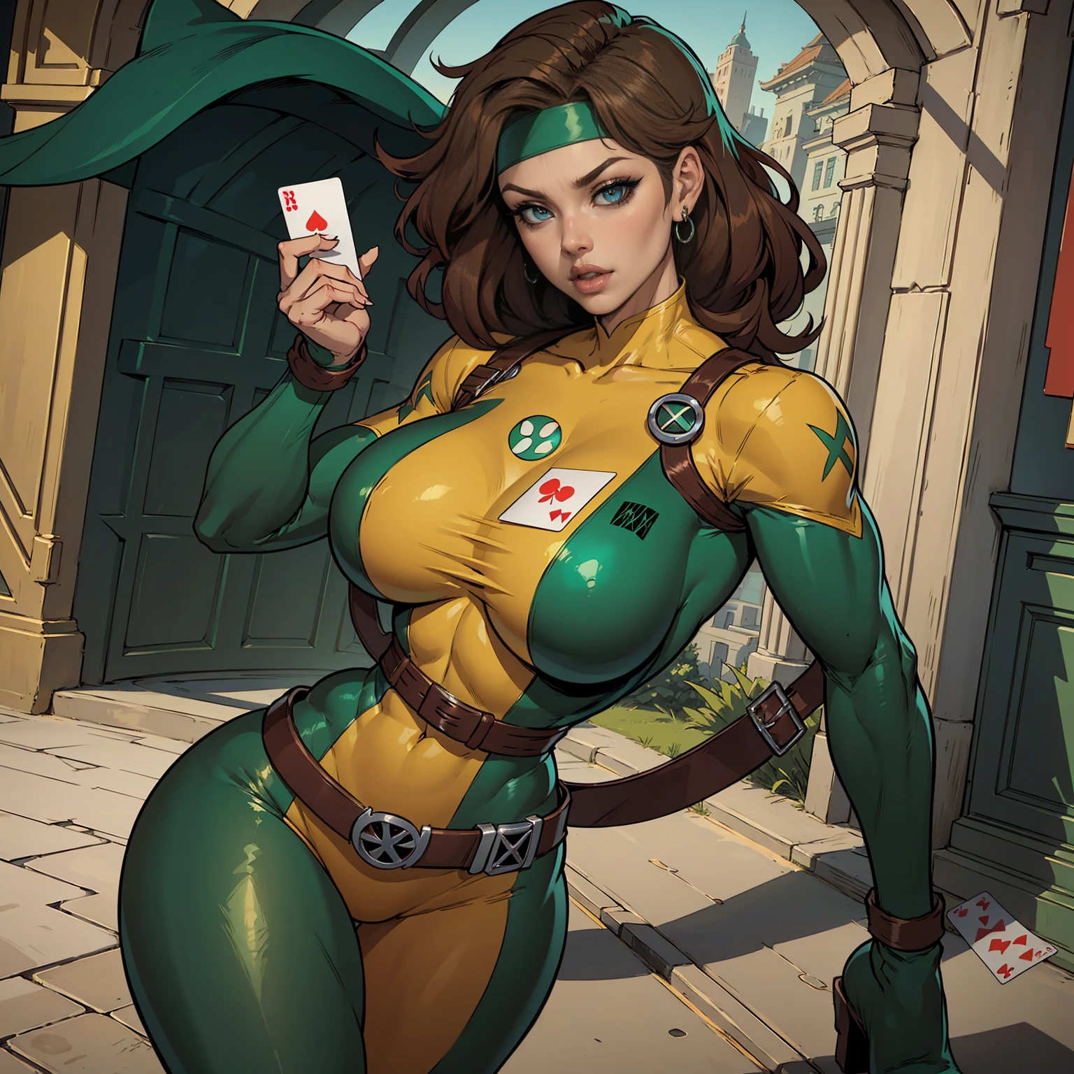 Savage, Classic, Southern Belle, Superhero, Rogue, Xtreme, looking at viewer, large breasts, boots, parted lips, belt, lips, headband, lipstick, card, playing card, spade, (shape), dyed bangs, green bodysuit, EarthPorcelain,