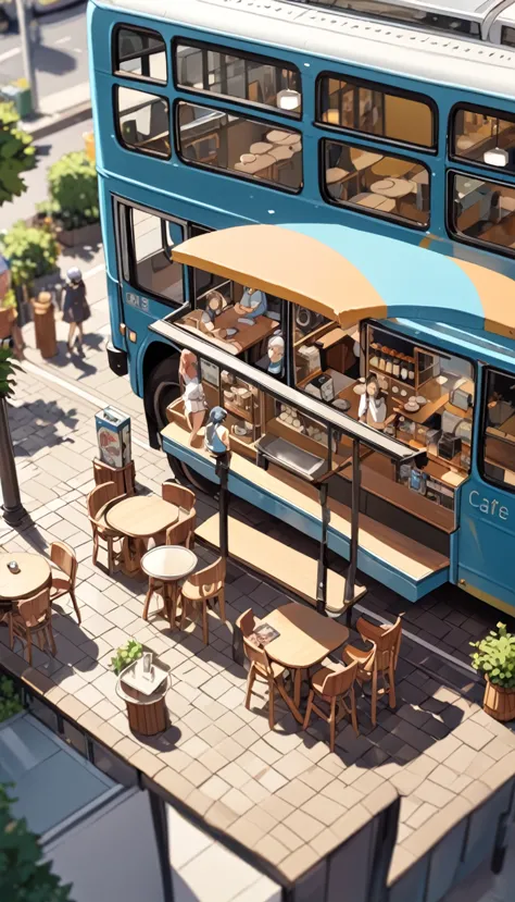 ((Tilt Shift Photo)), (((Cafe next to the bus))), ((anime:1.4,figure)),(masterpiece, Highest quality, Highest quality),(Very det...