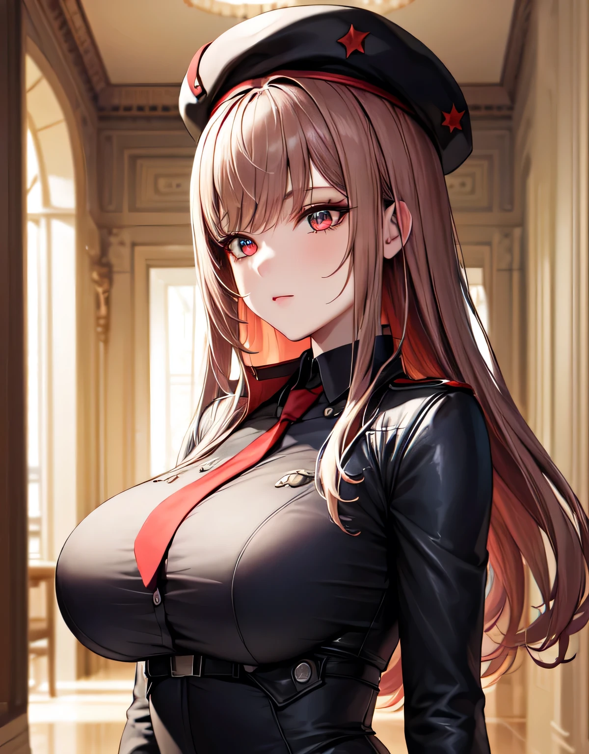 rapi nikke,(red eyes:1.1),long hair,brown hair,black leotad,beret,black hat,red necktie,black jacket,(large breasts:1.55),(shiny,hair),((solo)),((masterpiece)),((best quality)),perfect anatomy,slim waist,perfect image,8k UHD,(beautiful detailed eyes:1.5),extremely detailed face,standing,(upper body:1.25),(look at the front:1.5),arms behindback,ultra-detailed,absurdres,highres,no expression,indoor hall,