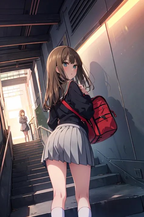 animese anime girl in skirt and blouse with suitcase walking up the stairs, 1girl, stairs, skirt, long hair, shibuya rin, lookin...