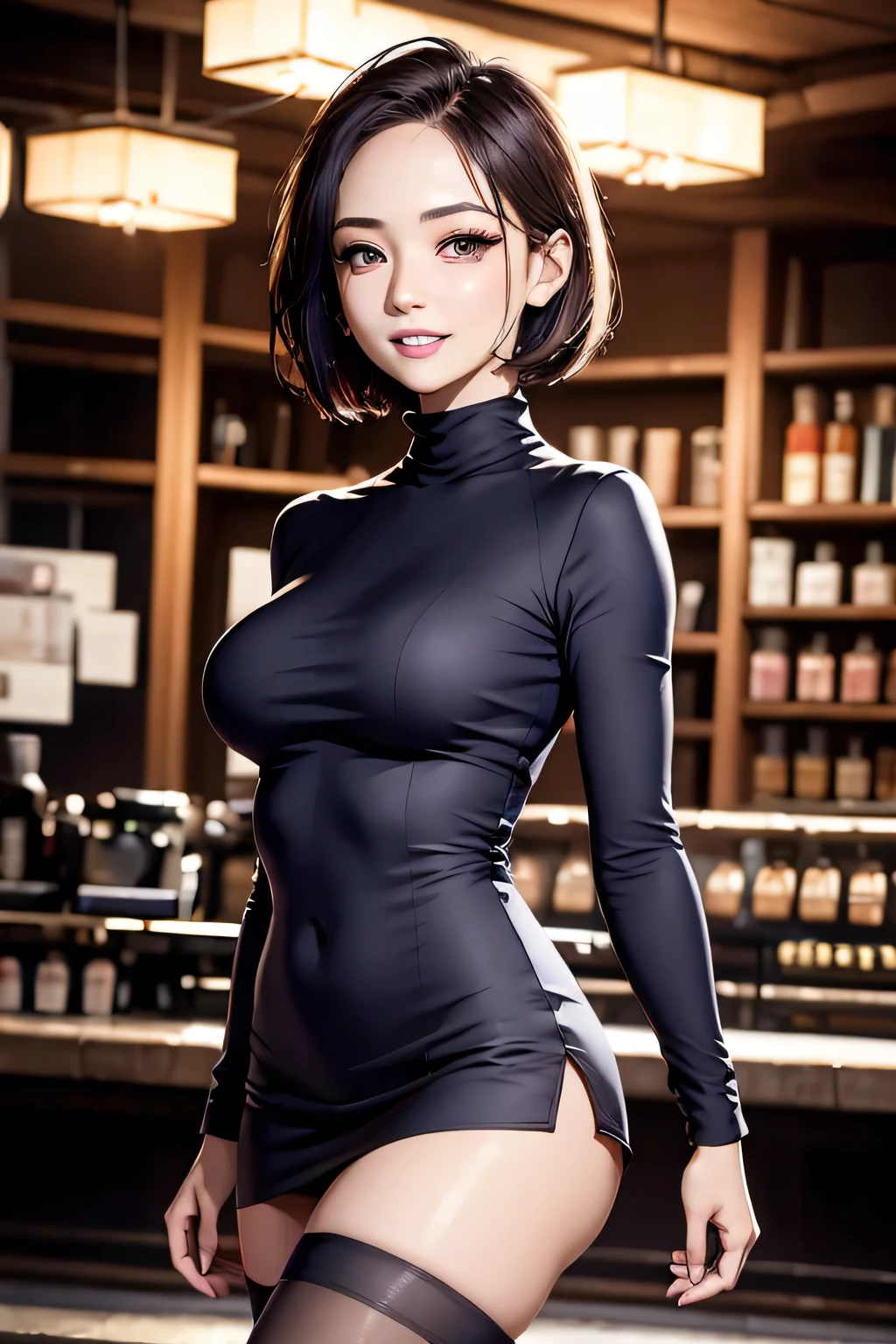 ((masterpiece)), ((Highest quality)), ((Complex)), ((超Realistic)), (Realistic), (Mature Woman), ((There are no classes)), Very detailed, 1 girl, eyelash, double eyelid, (Beautiful Teeth), Grin, Brunette bob hair, Brown eyes, (Lilac long turtleneck), (Red tight mini skirt), ((Thighs)), (stockings), (background: underground), detailed background, Perfect Eyes, Captivating eyes, Looking at the audience