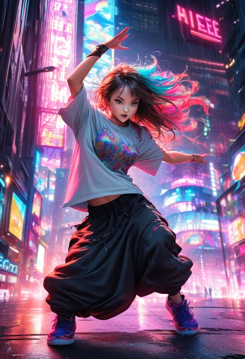 Cute anime girl doing dynamic popping moves, Her body locks sharply、Burst, Precise movement. Dancer wearing an oversized T-shirt and loose pants, I can see the white bra, Popping dance pose, urban street style, Loose-fitting clothing, Vibrant colors, Dynamic Movement, Street dance background, The background is a futuristic cityscape with shining neon lights.. High quality illustrations, Vibrant colors, Fine fabric texture. Colorful illustration, Very detailed, High resolution, In the style of digital painting, Natural light, masterpiece, High resolution, Octane Rendering Style, Ultra-realistic.