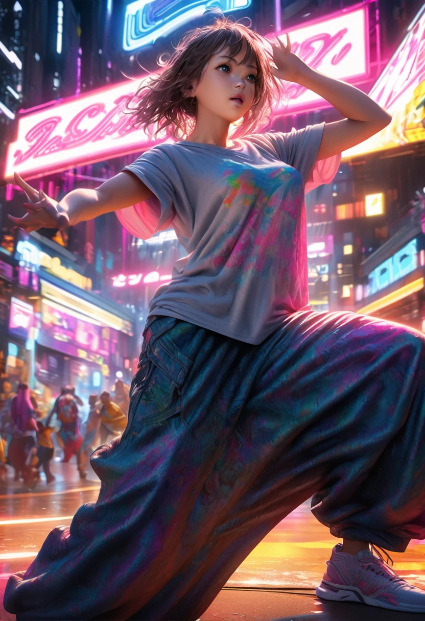 Cute anime girl doing dynamic popping moves, Her body locks sharply、Burst, Precise movement. Dancer wearing an oversized T-shirt and loose pants, I can see the white bra, Popping dance pose, urban street style, Loose-fitting clothing, Vibrant colors, Dynamic Movement, Street dance background, The background is a futuristic cityscape with shining neon lights.. High quality illustrations, Vibrant colors, Fine fabric texture. Colorful illustration, Very detailed, High resolution, In the style of digital painting, Natural light, masterpiece, High resolution, Octane Rendering Style, Ultra-realistic.