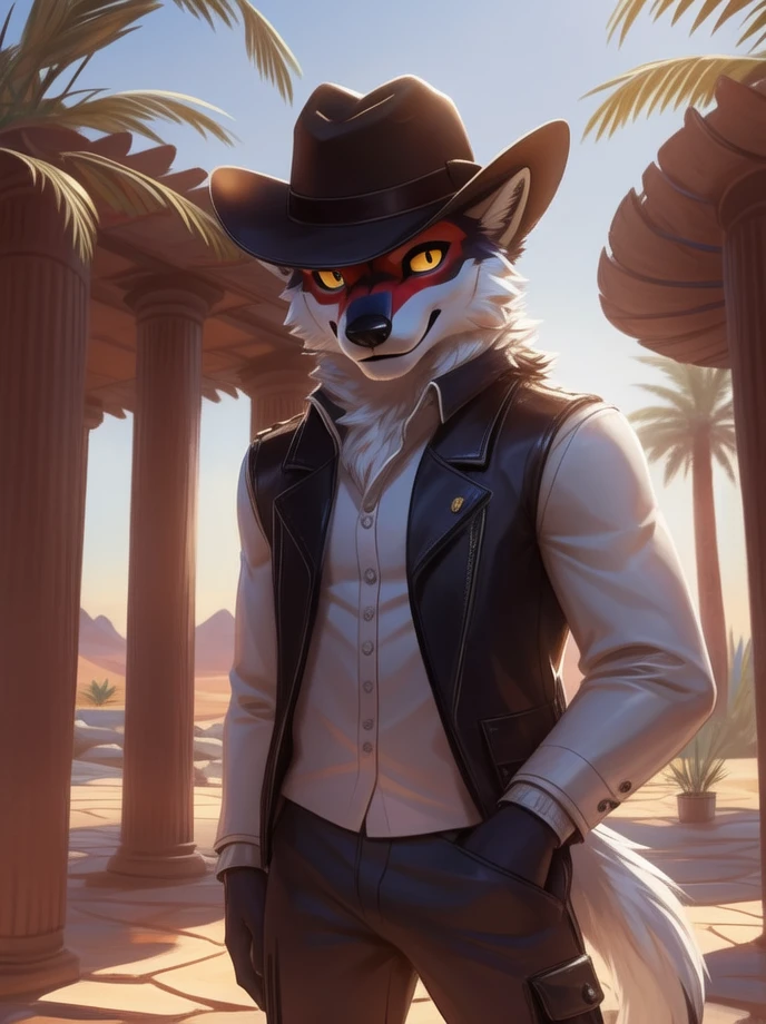 high quality illustration,furry masculino,body color white, details on the red face,yellow eye color, white wolf ears,red color at the tips of the ears, black cowboy hat, brown sleeveless jacket with gold details,gray hand hair color, exploration pants,illuminated place,giorno,Oasis.