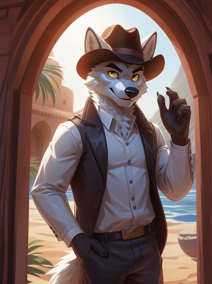 Cartoon character,high quality illustration,furry masculino,body color white, details on the red face,yellow eye color, white wolf ears,red color at the tips of the ears, black cowboy hat, brown sleeveless jacket with gold details,gray hand hair color, exploration pants,illuminated place,giorno,Oasis.