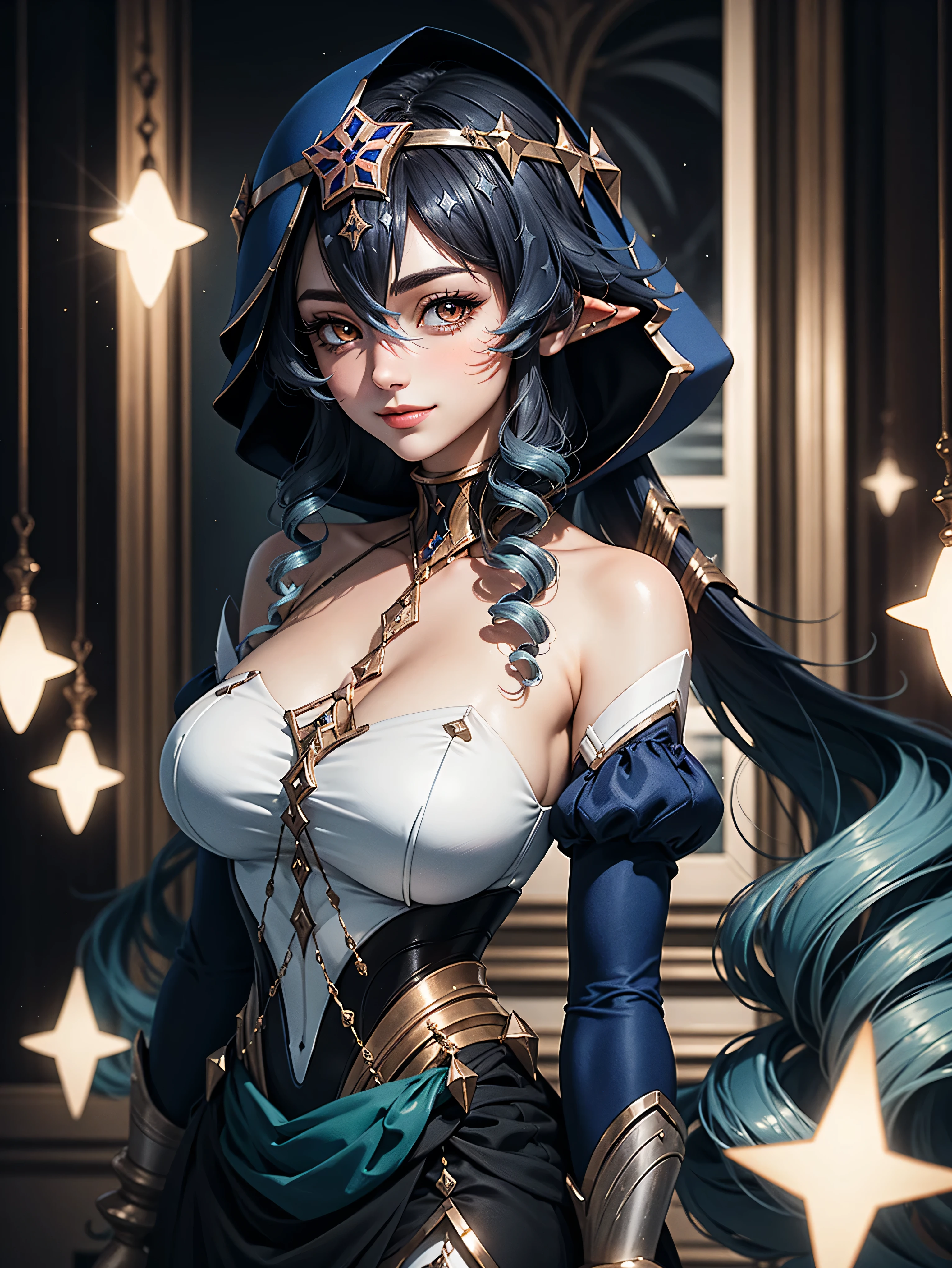 masterpiece, Super detailed, high quality, 8k CG, Huge breasts, layladef, night, blush, smile, Bright Eyes, Are standing, (Shining Eyes:1.5), Upper body details, Arms crossed,