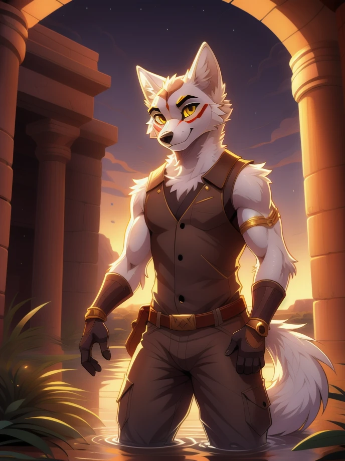 Cartoon character,high quality illustration,furry masculino,body color white, details on the red face,yellow eye color, white wolf ears,red color at the tips of the ears, black cowboy hat,brown sleeveless jacket with gold details,wearing no shirt,gray hand hair color, exploration pants,illuminated place,giorno,Oasis.