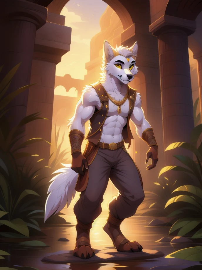 Cartoon character,high quality illustration,furry masculino,body color white, details on the red face,yellow eye color, white wolf ears,red color at the tips of the ears, black cowboy hat,brown sleeveless jacket with gold details,wearing no shirt,gray hand hair color, exploration pants,illuminated place,giorno,Oasis.