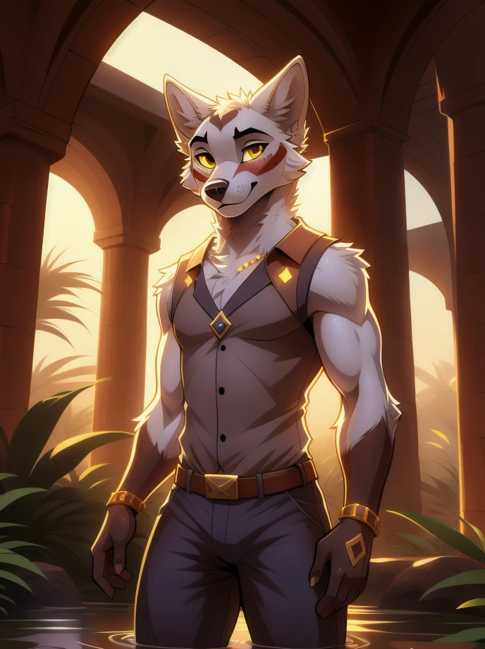 Cartoon character,high quality illustration,furry masculino,body color white, details on the red face,yellow eye color, white wolf ears,red color at the tips of the ears, black cowboy hat,brown sleeveless jacket with gold details,wearing no shirt,gray hand hair color, exploration pants,illuminated place,giorno,Oasis.