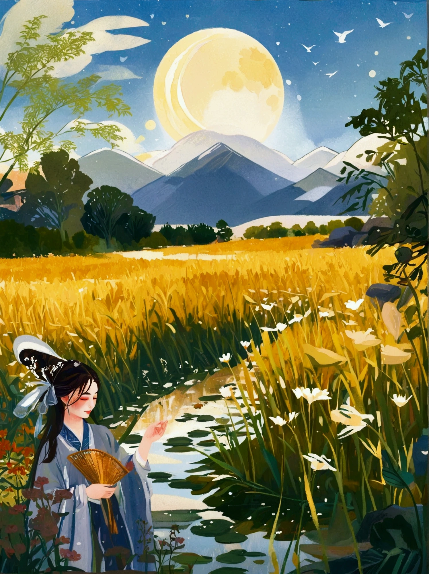 Canvas Illustration，Etienne Adolphe Piaud, Etienne Adolphe Piot，English Pre-Raphaelite painter，Pre-Raphaelite Brotherhood, ink style, masterpiece, Fantasy Garden，Aesthetic healing，moon，Star，Beautiful and poetic，Minimalism平面插画，Jiangnan countryside in summer，When you walk into this rice field，It&#39;s like being in a surreal dream。What unfolds before your eyes is a vast rice field，Golden rice swaying in the wind，The sun shines on it，Let the whole rice field shine with warm light。Rows of colorful wildflowers grow at the edge of a rice field，They sway gently in the breeze，Like dancing gracefully。Standing on the edge of a rice field，You can see flocks of birds singing happily in the wheat fields.，Their chirping blends in with the melodious sound of the wind in the rice fields.，It forms a wonderful natural symphony。Occasionally a bird flies up，Cut through the sky，Leaving beautiful curves，It seems to depict an unparalleled picture of the sky.。There is a clear stream flowing through the rice fields.，the river is crystal clear，Reflecting the blue sky, white clouds and surrounding scenery，Like a living mirror。The river flows slowly，Makes the water sound sweet，It&#39;s like nature composed a beautiful music for them.，Dynamic，Hazy feeling，Layering，Has a stunning visual effect，Fascinating lighting，Bright and vivid colors，Chiaroscuro，Flat，Minimalism，high quality，High Detail，HD晰，masterpiece，masterpiece，The painting style is meticulous，Refreshing colors，HD，in the style of Pre-Raphaelite Brotherhood