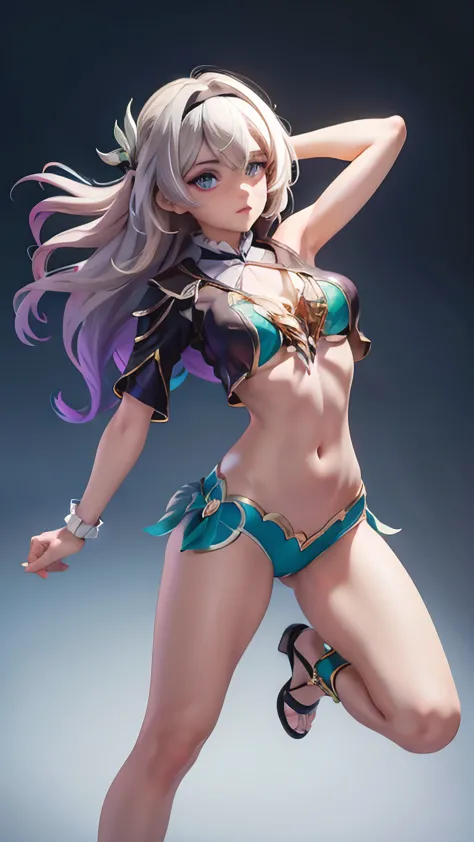 cropped top with cut below the bust，woman，beautiful character，ultra hd pixels，full-body shot，different postures，(purple costume)