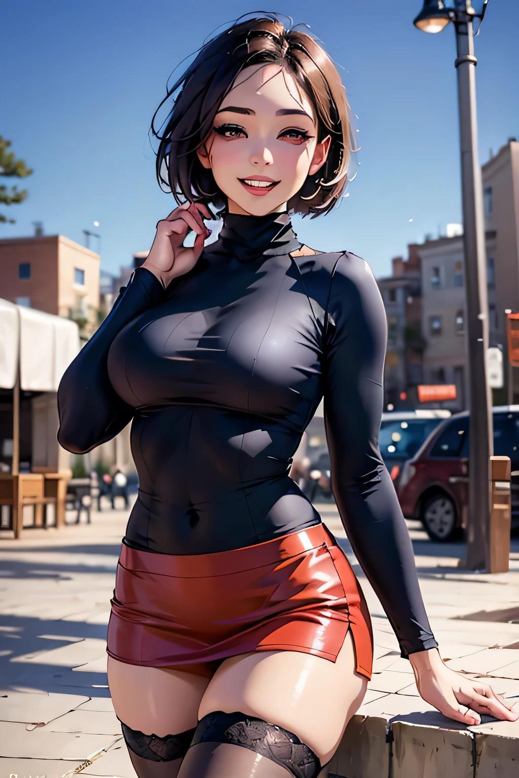 ((masterpiece)), ((Highest quality)), ((Complex)), ((超Realistic)), (Realistic), (Mature Woman), ((There are no classes)), Very detailed, 1 girl, eyelash, double eyelid, (Beautiful Teeth), Grin, Brunette bob hair, Brown eyes, (Lilac long turtleneck), (Red tight mini skirt), ((Thighs)), (stockings), (background: underground), detailed background, Perfect Eyes, Captivating eyes, Looking at the audience