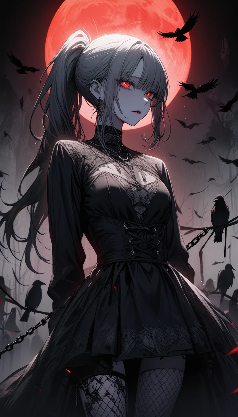 （Dark and scary atmosphere,Gothic Fashion,Dark colors）,（Highest quality，Super exquisite item）,Very sexy vampire girl,A large number of red spider lilies in full bloom on a red full moon night,Beautiful and delicate eyes,Beautiful black straight ponytail,Crow's feathers,Pale skin,Fishnet tights,A black and white lace dress with a small amount of fabric,The moonlight illuminates her silhouette,A fantastic background created by darkness and moonlight,She is a tall girl who looks like an adult.,A crow is flying,Crow's feathersが舞う,Are standing,Deep foggy forest behind,（Courtesy）,((The shadows of several hanged bodies in the forest behind)),A flock of crows swarming around a corpse,Chained,Hanged by a chain around the neck,Hanging