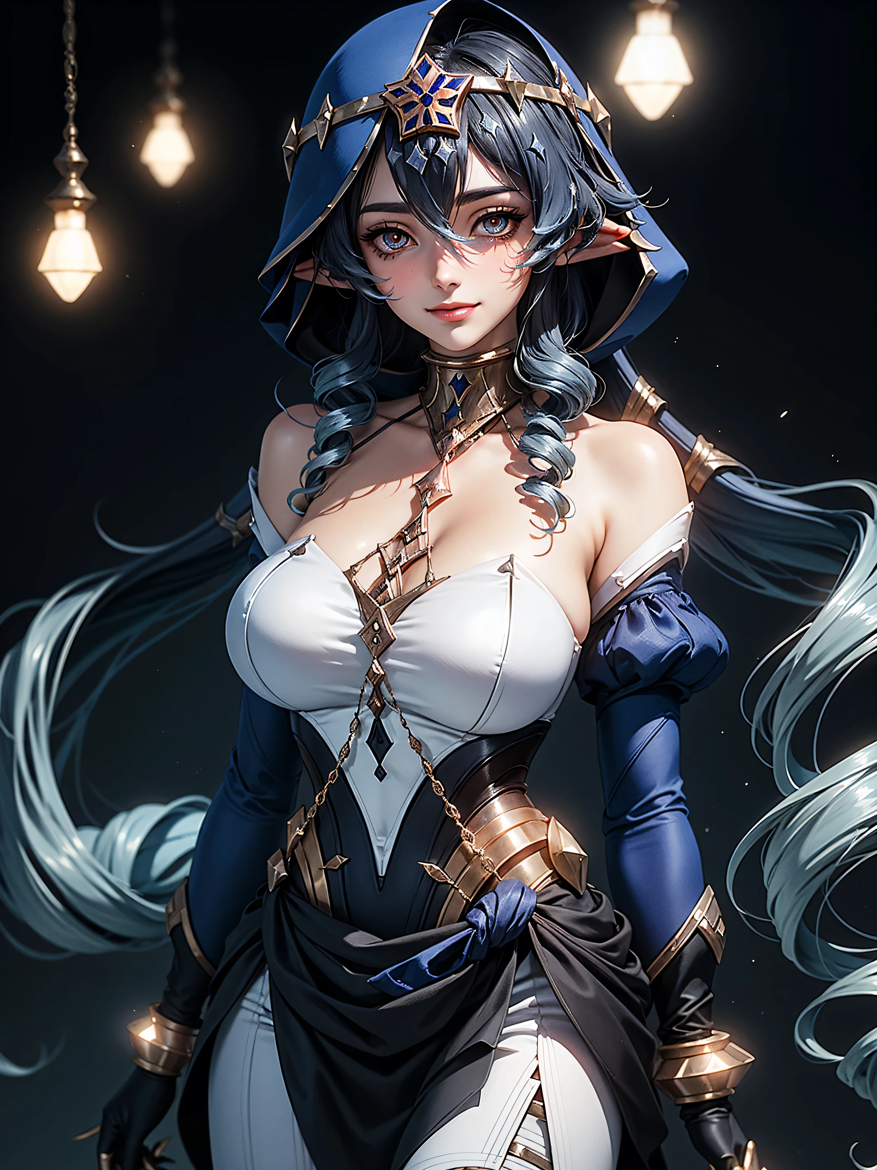 masterpiece, Super detailed, high quality, 8k CG, Huge breasts, layladef, night, blush, smile, Bright Eyes, Are standing, (Shining Eyes:1.5), Upper body details, Arms crossed,