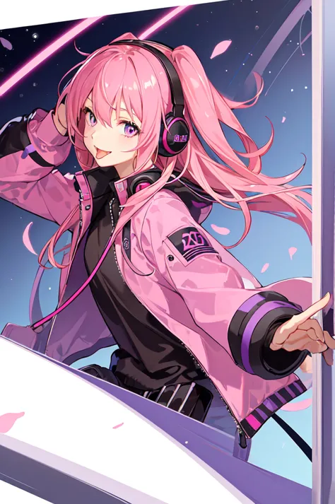 high resolution, highest quality,(2.0)one girl, pink hair,purple jacket,sticking out tongue,headphones,viewer&#39;s perspective、...