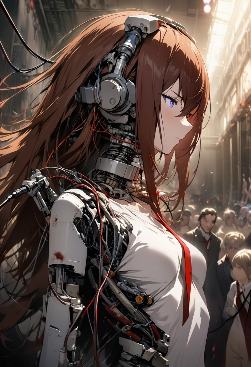 One girl, (makise kurisu, Steinsgate),(((masterpiece))), ((Highest quality)), (Super Detail), (CG illustration), (so beautiful)), Light, single, (Mechanical Arts: 1.4), ((Mechanical Limbs)), (Blood vessel attached to a tube), ((Mechanical spine attached to the back)), ((Mechanical cervical spine attached to the neck), (Return to the audience)), poker face, ( Wires and cables connecting the head and torso: 1.5), sf, revelation, What&#39;s left behind, (Lower body integrated with mechanism), (Blood: 1.5), Cruel, Confused, , Integration with machines, end, Super Future, inorganic, Research Room, constrained, (Beautiful luxury: 1.2), (1 girl: 1.3), A body wrapped in mechanical tentacles