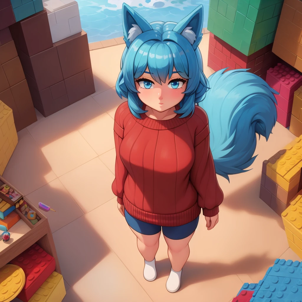 (Masterpiece) (High Detail) (High Res) A view from above a short little slim humanoid girl with pale human skin and blue eyes and long blue hair and blue dog ears and a fluffy blue dog tail and average breasts. She is dressed in a oversized giant sweater, and she is stood in the middle of a giant lego pile. Giant oversized lego bricks all around. Giant coins. Giant Pencils, Giant objects. Microphelia.