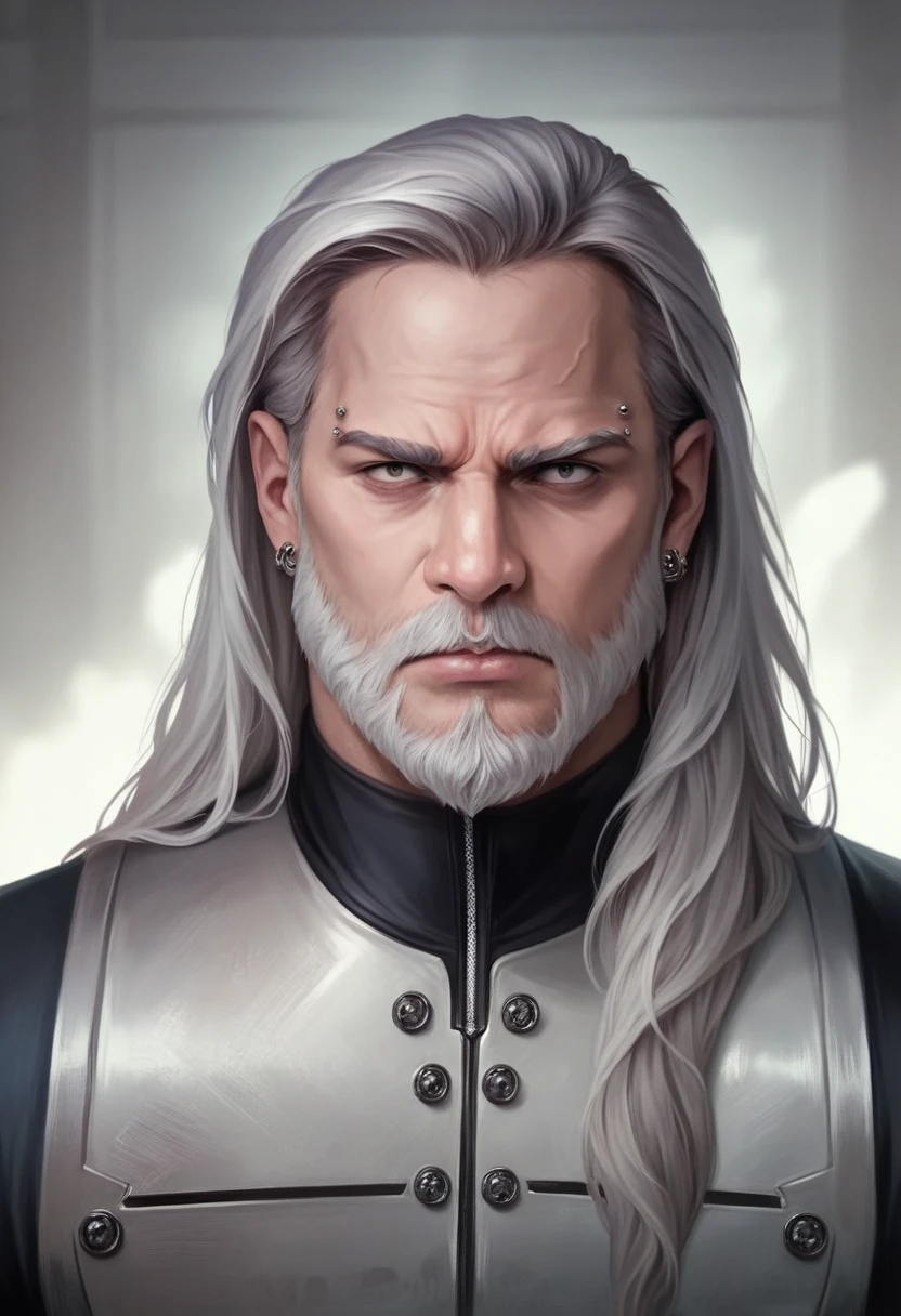 A handsome man in a tailored suit, piercing eyes, furrowed brow, long hair, beard, grey hair, serious expression, powerful and dominant presence, (best quality,4k,8k,highres,masterpiece:1.2),ultra-detailed,(realistic,photorealistic,photo-realistic:1.37),intricate details,chiaroscuro lighting,dramatic shadows,cinematic framing,moody atmosphere