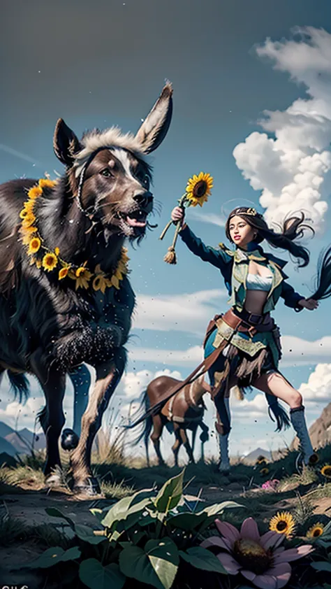 in a very grand scene，the extra-large wide-angle lens captures the appearance of a female centaur。she is a sunflower worship nun...