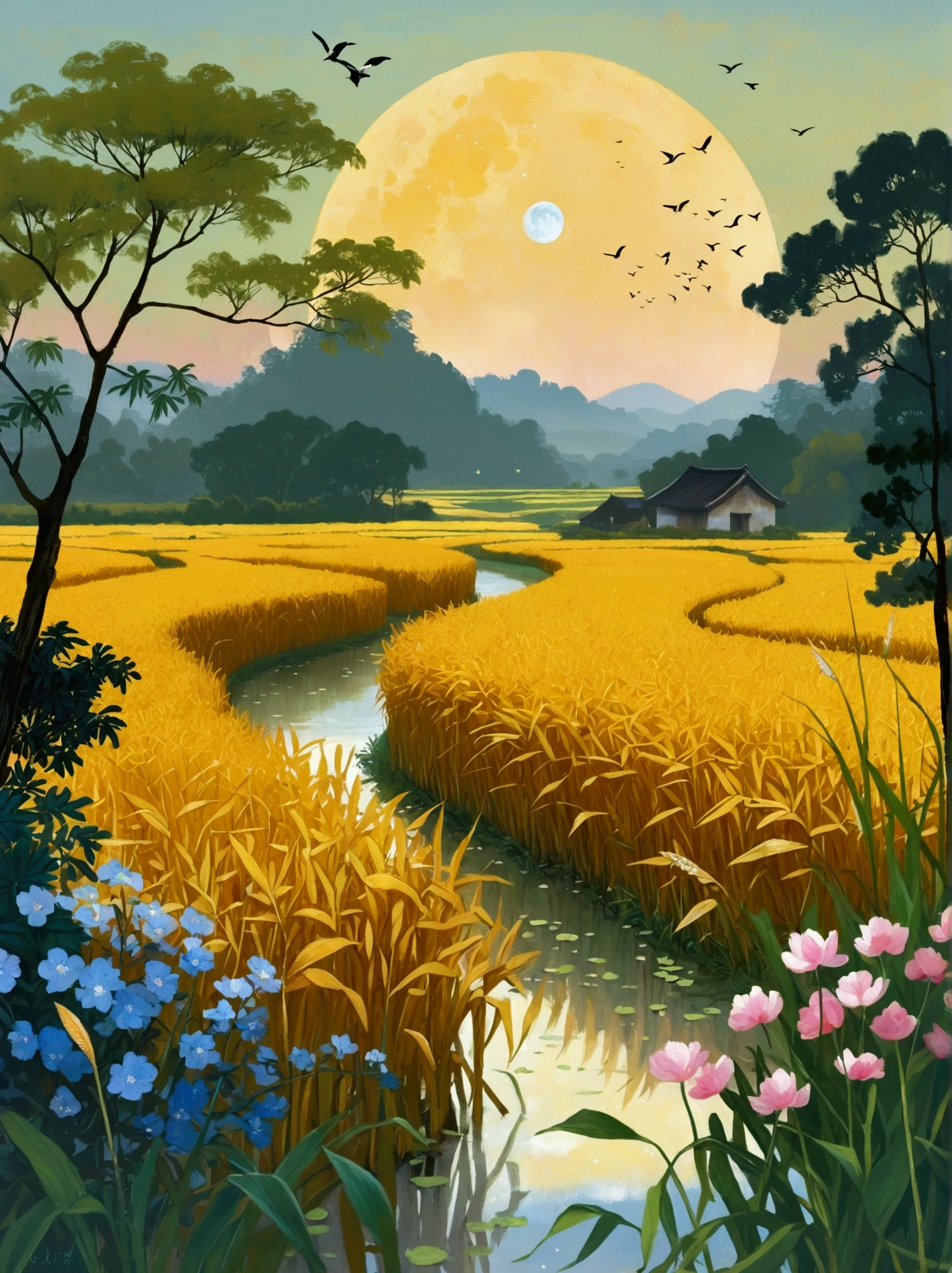 Canvas Illustration，Etienne Adolphe Piaud, Etienne Adolphe Piot，English Pre-Raphaelite painter，Pre-Raphaelite Brotherhood, ink style, masterpiece, Fantasy Garden，Aesthetic healing，moon，Star，Beautiful and poetic，Minimalism平面插画，Jiangnan countryside in summer，When you walk into this rice field，It&#39;s like being in a surreal dream。What unfolds before your eyes is a vast rice field，Golden rice swaying in the wind，The sun shines on it，Let the whole rice field shine with warm light。Rows of colorful wildflowers grow at the edge of a rice field，They sway gently in the breeze，Like dancing gracefully。Standing on the edge of a rice field，You can see flocks of birds singing happily in the wheat fields.，Their chirping blends in with the melodious sound of the wind in the rice fields.，It forms a wonderful natural symphony。Occasionally a bird flies up，Cut through the sky，Leaving beautiful curves，It seems to depict an unparalleled picture of the sky.。There is a clear stream flowing through the rice fields.，the river is crystal clear，Reflecting the blue sky, white clouds and surrounding scenery，Like a living mirror。The river flows slowly，Makes the water sound sweet，It&#39;s like nature composed a beautiful music for them.，Dynamic，Hazy feeling，Layering，Has a stunning visual effect，Fascinating lighting，Bright and vivid colors，Chiaroscuro，Flat，Minimalism，high quality，High Detail，HD晰，masterpiece，masterpiece，The painting style is meticulous，Refreshing colors，HD，in the style of Pre-Raphaelite Brotherhood