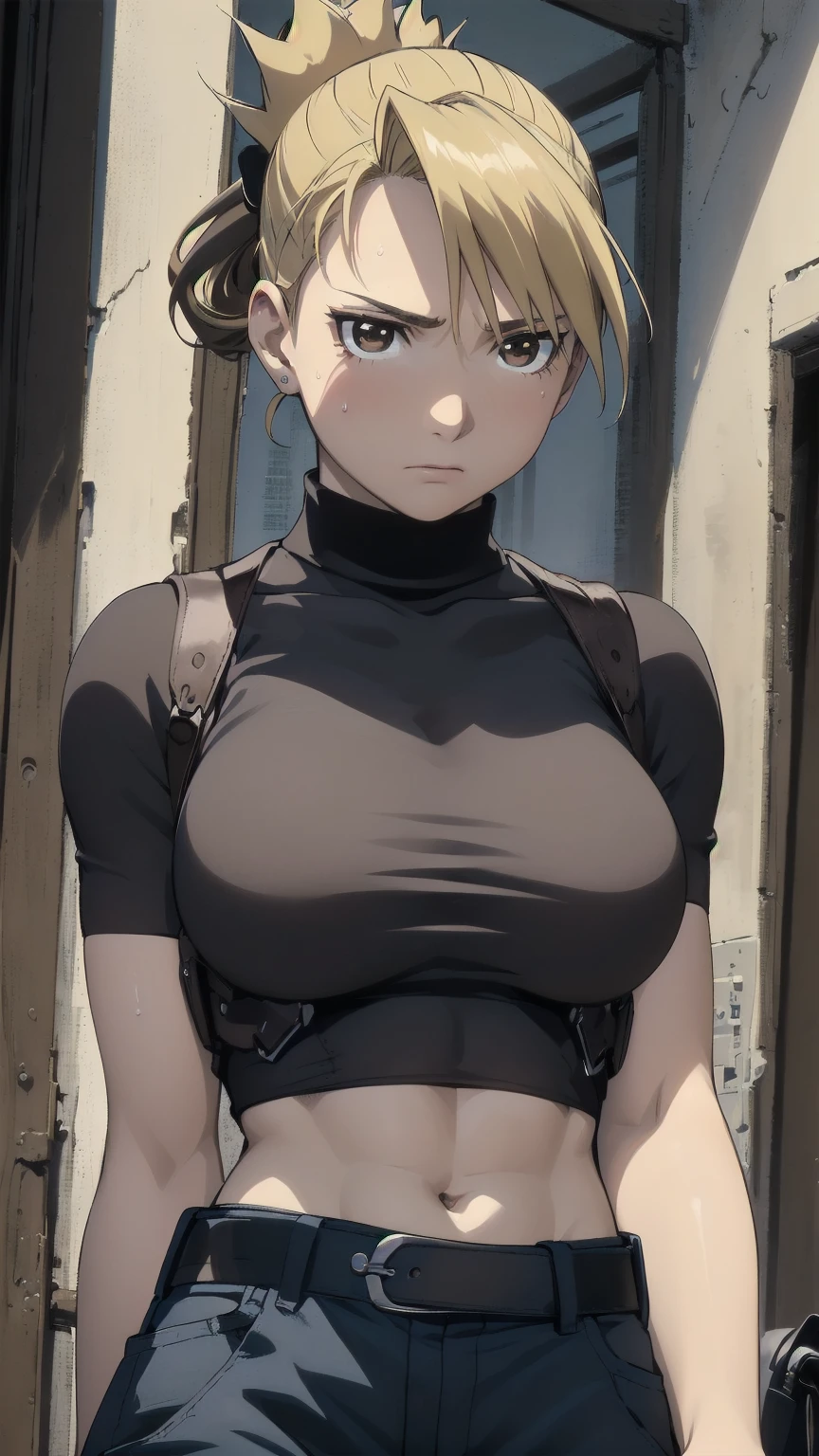 masterpiece, highest quality, High resolution, One Girl, Hamriz, ponytail, Brown eyes,big , Black Shirt, Tight shirt, holster, Short sleeve, belt, Covered navel, Blue pants,indoor、Upper body close-up、Muscular body、blush、Sweat、Composition from the front、anime、(((Close-up of a person、Facing forward)))