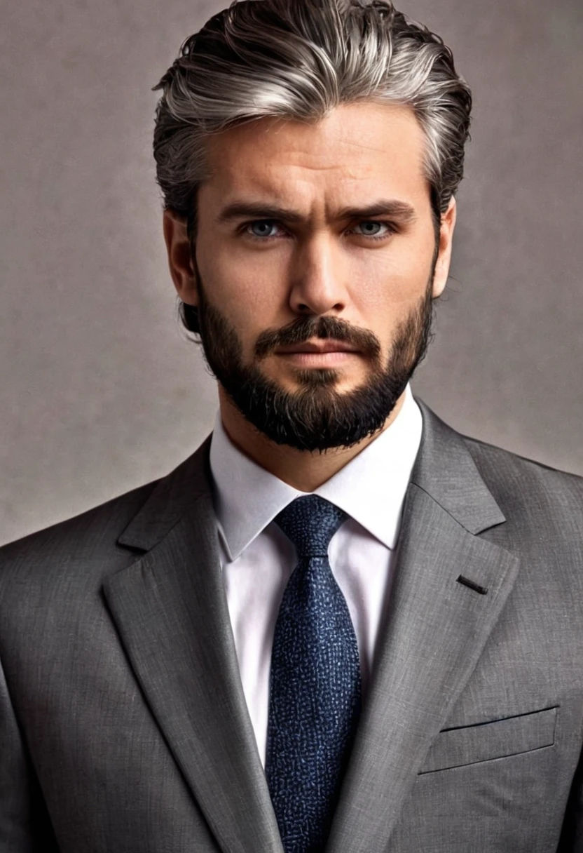 A handsome man in a tailored suit, piercing eyes, furrowed brow, long hair, beard, grey hair, serious expression, powerful and dominant presence, (best quality,4k,8k,highres,masterpiece:1.2),ultra-detailed,(realistic,photorealistic,photo-realistic:1.37),intricate details,chiaroscuro lighting,dramatic shadows,cinematic framing,moody atmosphere