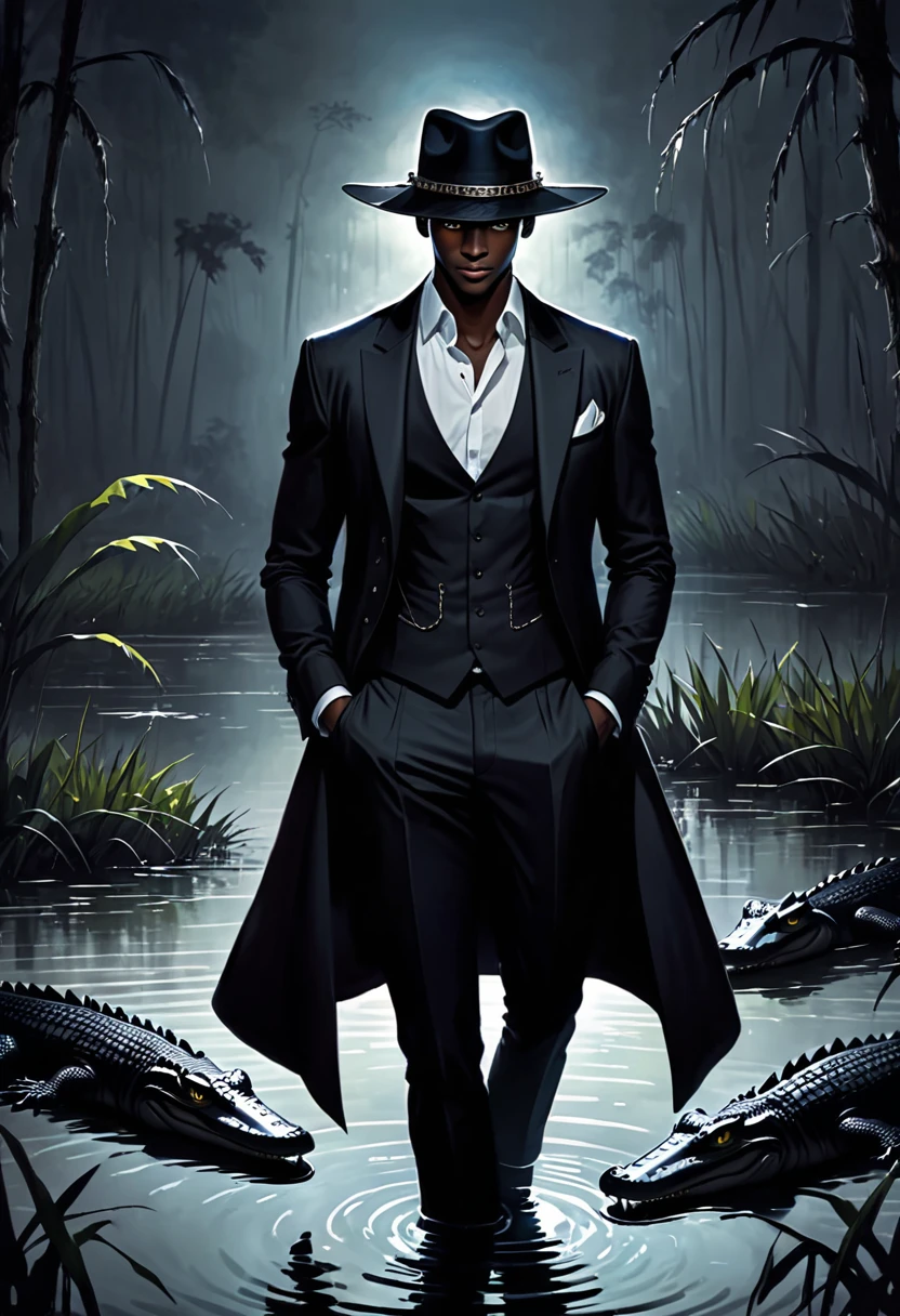 tall man in the swamp around alligators, stetson hat, piercing eyes, dark skin, handsome, night time, dark clothes