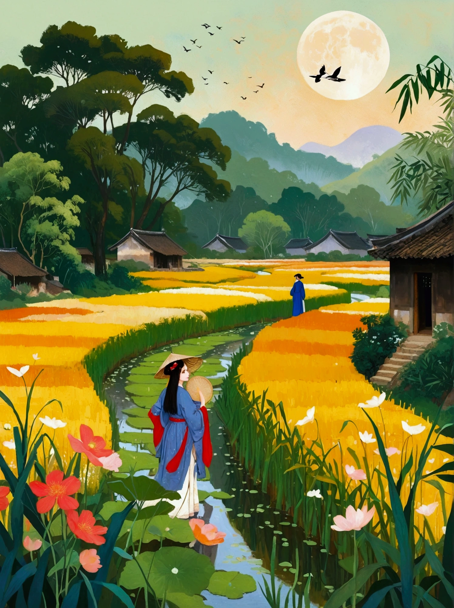 Canvas Illustration，Etienne Adolphe Piaud, Etienne Adolphe Piot，English Pre-Raphaelite painter，Pre-Raphaelite Brotherhood, ink style, masterpiece, Fantasy Garden，Aesthetic healing，moon，Star，Beautiful and poetic，Minimalism平面插画，Jiangnan countryside in summer，When you walk into this rice field，It&#39;s like being in a surreal dream。What unfolds before your eyes is a vast rice field，Golden rice swaying in the wind，The sun shines on it，Let the whole rice field shine with warm light。Rows of colorful wildflowers grow at the edge of a rice field，They sway gently in the breeze，Like dancing gracefully。Standing on the edge of a rice field，You can see flocks of birds singing happily in the wheat fields.，Their chirping blends in with the melodious sound of the wind in the rice fields.，It forms a wonderful natural symphony。Occasionally a bird flies up，Cut through the sky，Leaving beautiful curves，It seems to depict an unparalleled picture of the sky.。There is a clear stream flowing through the rice fields.，the river is crystal clear，Reflecting the blue sky, white clouds and surrounding scenery，Like a living mirror。The river flows slowly，Makes the water sound sweet，It&#39;s like nature composed a beautiful music for them.，Dynamic，Hazy feeling，Layering，Has a stunning visual effect，Fascinating lighting，Bright and vivid colors，Chiaroscuro，Flat，Minimalism，high quality，High Detail，HD晰，masterpiece，masterpiece，The painting style is meticulous，Refreshing colors，HD，in the style of Pre-Raphaelite Brotherhood