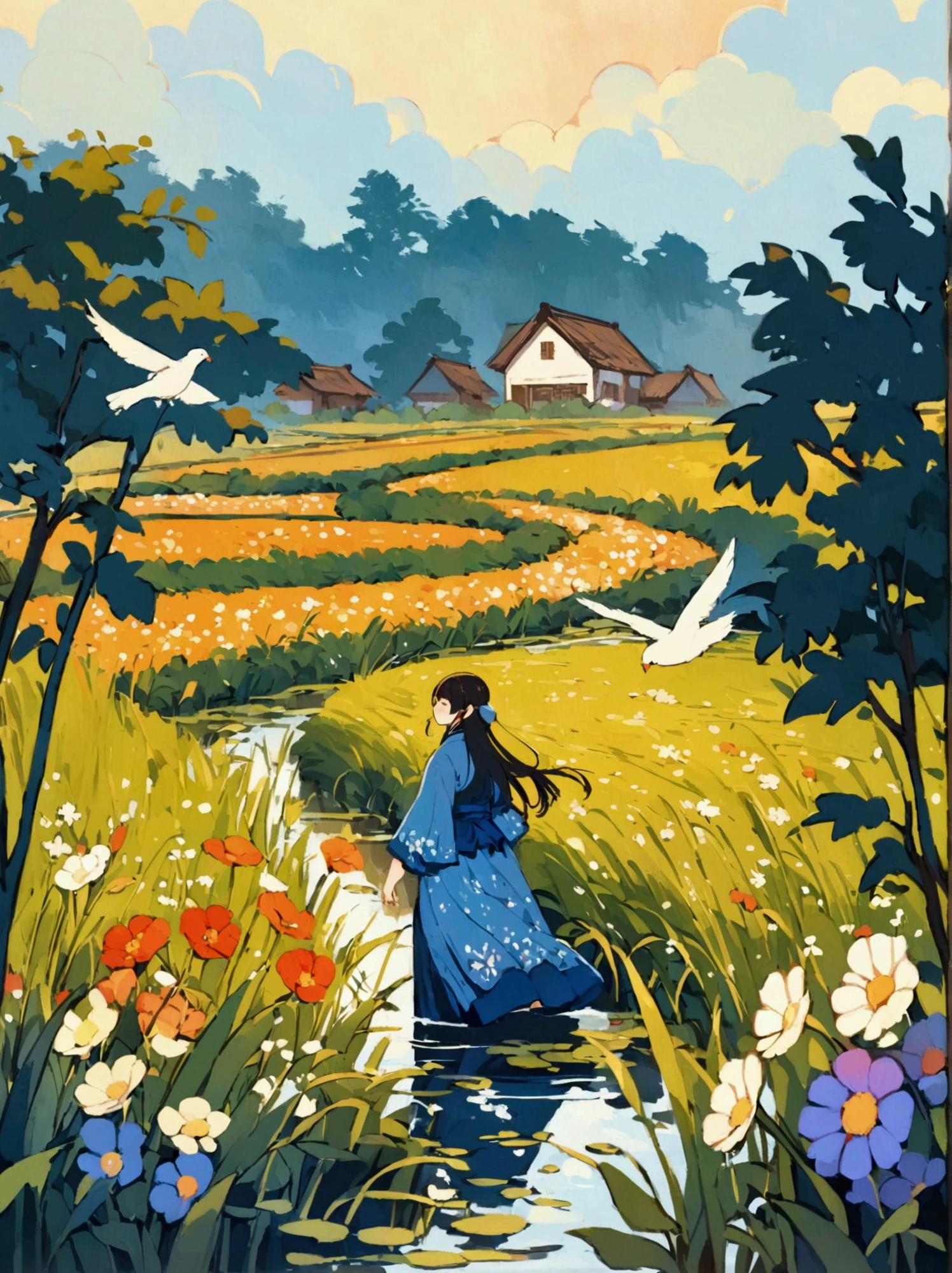 Canvas Illustration，Etienne Adolphe Piaud, Etienne Adolphe Piot，English Pre-Raphaelite painter，Pre-Raphaelite Brotherhood, ink style, masterpiece, Fantasy Garden，Aesthetic healing，moon，Star，Beautiful and poetic，Minimalism平面插画，Jiangnan countryside in summer，When you walk into this rice field，It&#39;s like being in a surreal dream。What unfolds before your eyes is a vast rice field，Golden rice swaying in the wind，The sun shines on it，Let the whole rice field shine with warm light。Rows of colorful wildflowers grow at the edge of a rice field，They sway gently in the breeze，Like dancing gracefully。Standing on the edge of a rice field，You can see flocks of birds singing happily in the wheat fields.，Their chirping blends in with the melodious sound of the wind in the rice fields.，It forms a wonderful natural symphony。Occasionally a bird flies up，Cut through the sky，Leaving beautiful curves，It seems to depict an unparalleled picture of the sky.。There is a clear stream flowing through the rice fields.，the river is crystal clear，Reflecting the blue sky, white clouds and surrounding scenery，Like a living mirror。The river flows slowly，Makes the water sound sweet，It&#39;s like nature composed a beautiful music for them.，Dynamic，Hazy feeling，Layering，Has a stunning visual effect，Fascinating lighting，Bright and vivid colors，Chiaroscuro，Flat，Minimalism，high quality，High Detail，HD晰，masterpiece，masterpiece，The painting style is meticulous，Refreshing colors，HD，in the style of Pre-Raphaelite Brotherhood