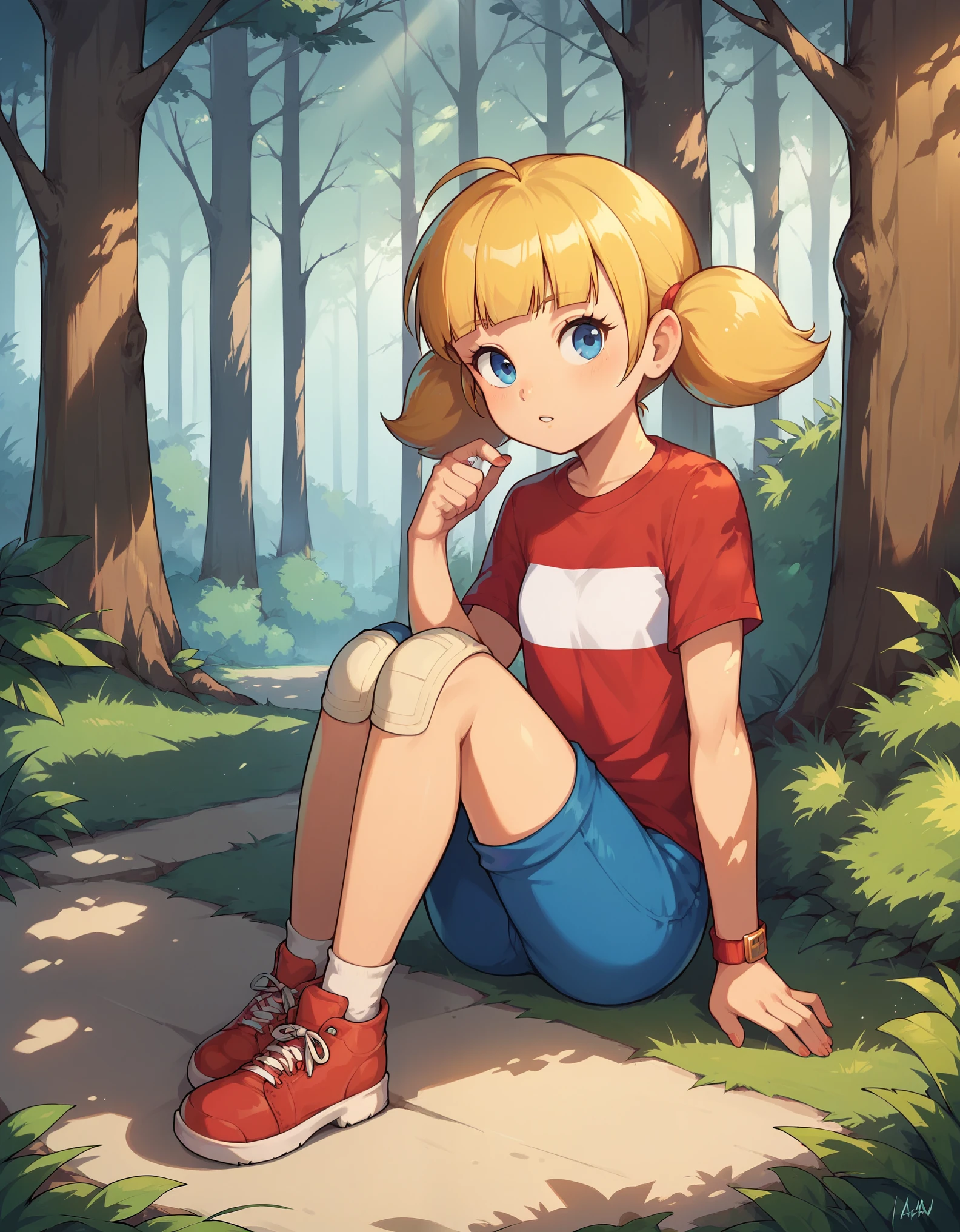 score_9, score_8_up, score_7_up, solo, 1girl,  penny_ig, blonde hair, twintails, blue eyes, red shirt, stripe, knee patch,, outdoors, forest, sunlight, shadows, natural lighting