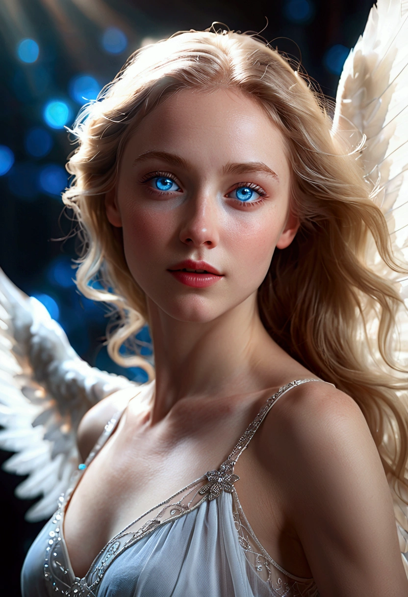 A pale-skinned woman, Blue eyes and angelic face dance with a dreamy expression., as if she were dreaming. Camera angle capturing the upper body above the hips., Clear resolution, cinematic lighting, clear image quality, realistic atmosphere, Bright theme, surreal atmosphere,