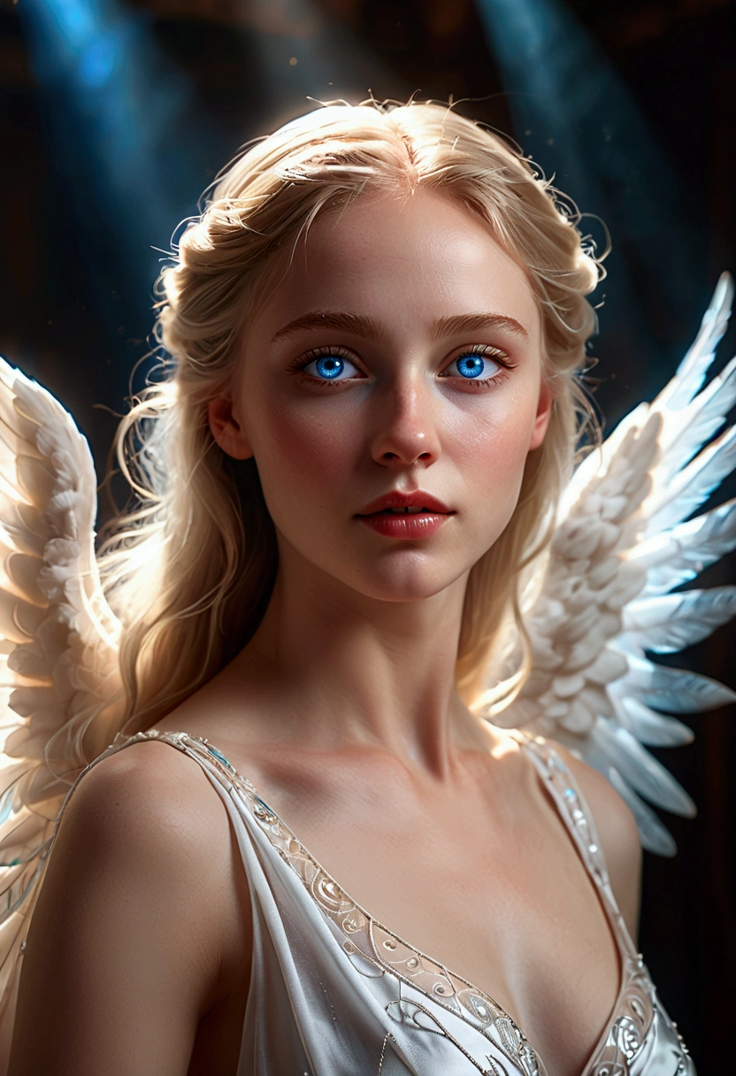 A pale-skinned woman, Blue eyes and angelic face dance with a dreamy expression., as if she were dreaming. Camera angle capturing the upper body above the hips., Clear resolution, cinematic lighting, clear image quality, realistic atmosphere, Bright theme, surreal atmosphere,