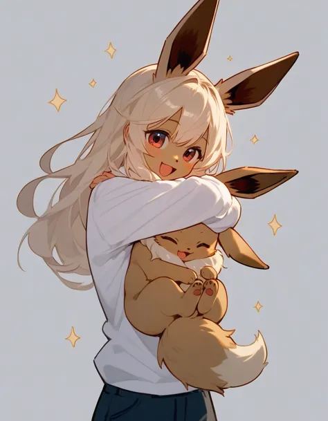 score_9,score_8_up,score_7_up, feral eevee, happy, carried in arms of a human.