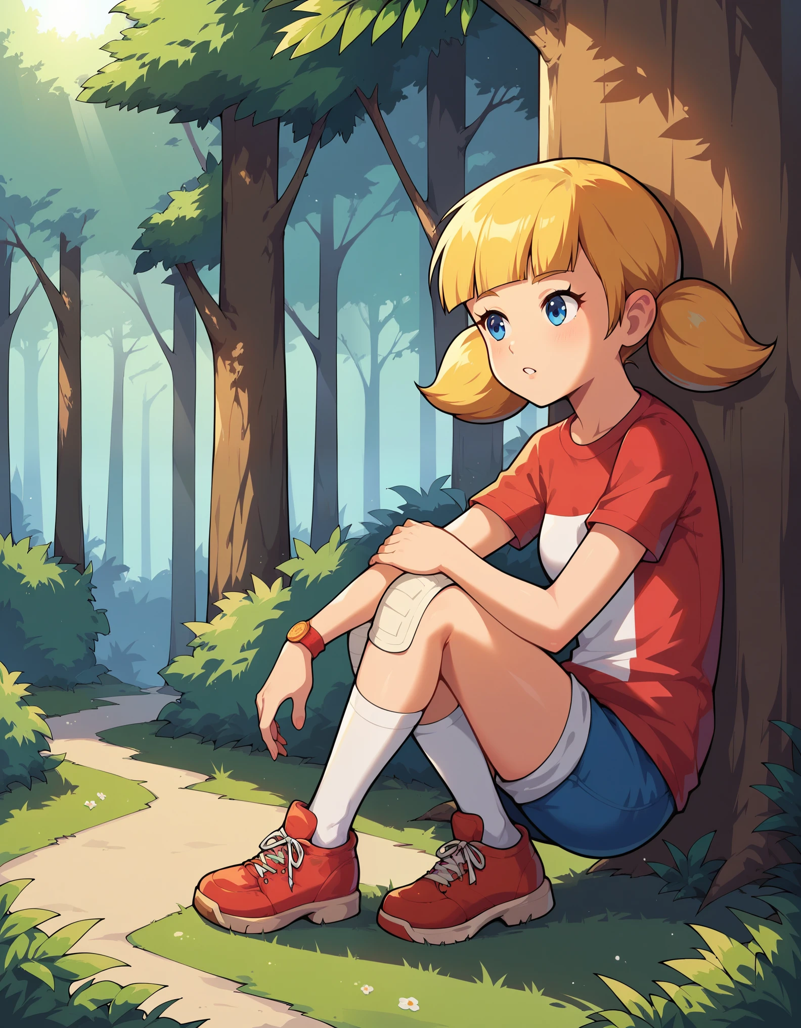 score_9, score_8_up, score_7_up, solo, 1girl,  penny_ig, blonde hair, twintails, blue eyes, red shirt, stripe, knee patch,, outdoors, forest, sunlight, shadows, natural lighting