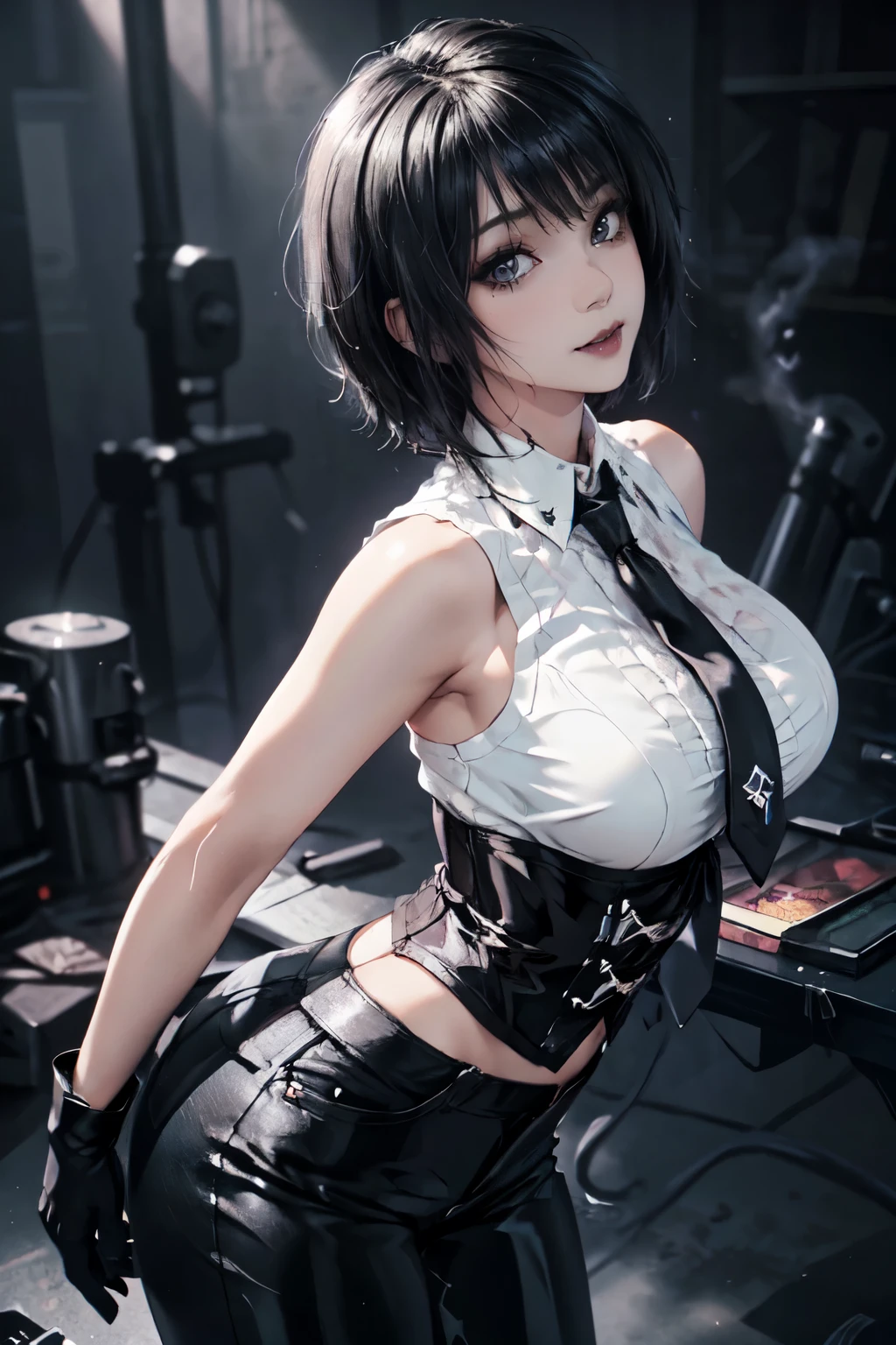 Girl, woman, emo_hairstyle, black lipstick, eyeliner, eye shadow, smoky eyes, realistic lighting, short hair, standing up, shiny skin, arched back, seductive look, seductive smile. Big breast. Sleeveless, necktie, white shirt, black corset, long gloves, Tight pants.