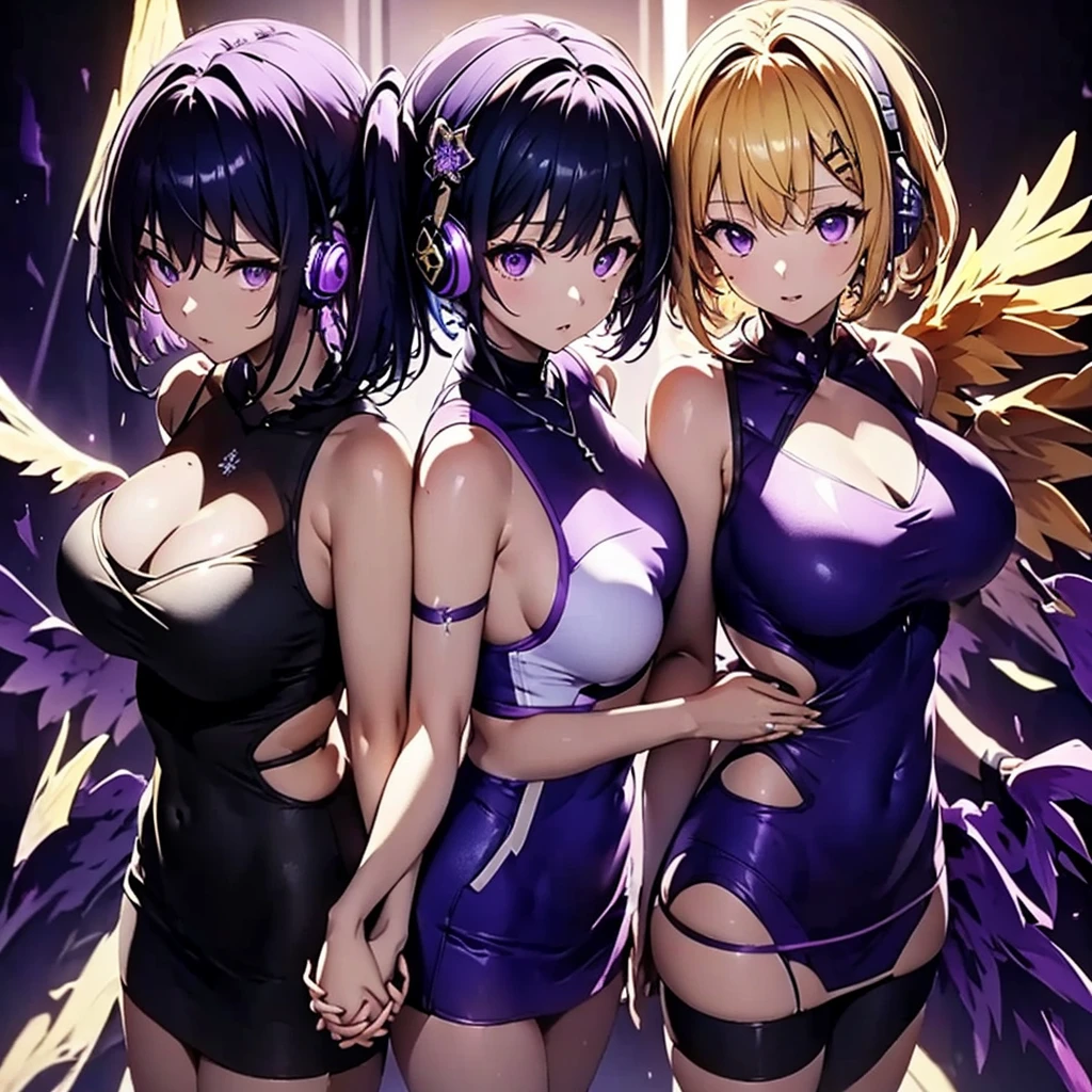 ((Highest quality)), (detailed), Holding hands and standing with their backs together, a girl with dark blue hair, short hair, long bangs, large breasts, purple eyes, and white headphones, and a girl with average size, small breasts, long blonde hair, purple eyes, and a long side ponytail with large wings, flames、Idol、Holding hands and standing back to back.0、Yellow and purple light cube background 1.7、Idol衣装1.6、Anatomically correct