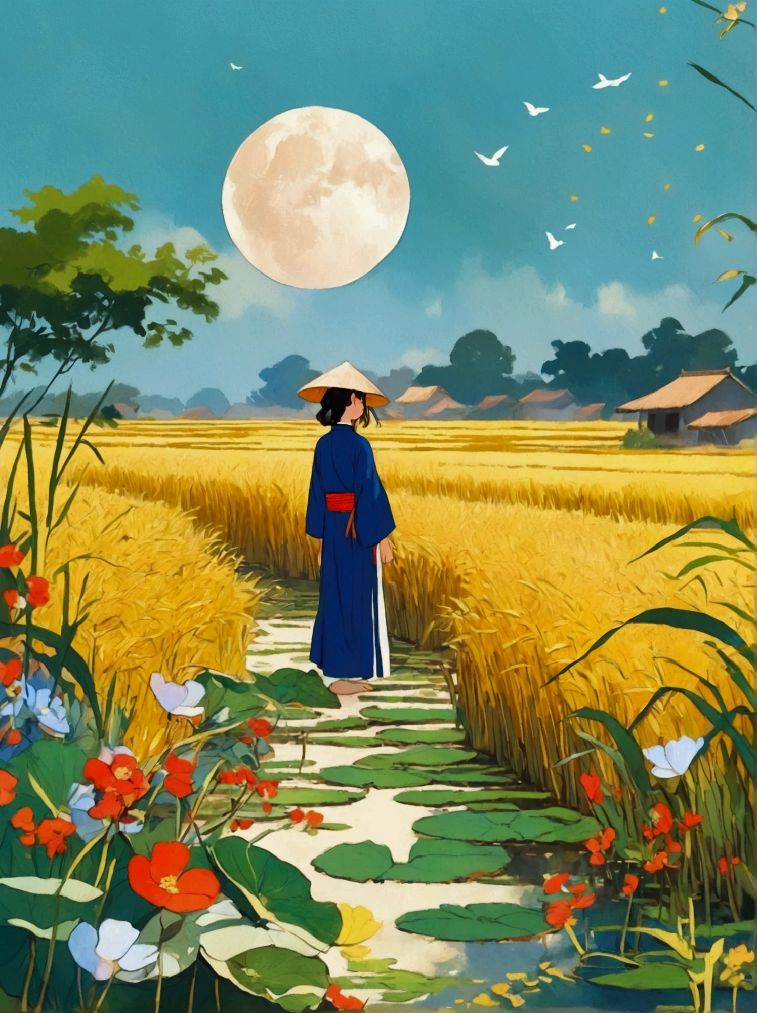 Canvas Illustration，Etienne Adolphe Piaud, Etienne Adolphe Piot，English Pre-Raphaelite painter，Pre-Raphaelite Brotherhood, ink style, masterpiece, Fantasy Garden，Aesthetic healing，moon，Star，Beautiful and poetic，Minimalism平面插画，Jiangnan countryside in summer，When you walk into this rice field，It&#39;s like being in a surreal dream。What unfolds before your eyes is a vast rice field，Golden rice swaying in the wind，The sun shines on it，Let the whole rice field shine with warm light。Rows of colorful wildflowers grow at the edge of a rice field，They sway gently in the breeze，Like dancing gracefully。Standing on the edge of a rice field，You can see flocks of birds singing happily in the wheat fields.，Their chirping blends in with the melodious sound of the wind in the rice fields.，It forms a wonderful natural symphony。Occasionally a bird flies up，Cut through the sky，Leaving beautiful curves，It seems to depict an unparalleled picture of the sky.。There is a clear stream flowing through the rice fields.，the river is crystal clear，Reflecting the blue sky, white clouds and surrounding scenery，Like a living mirror。The river flows slowly，Makes the water sound sweet，It&#39;s like nature composed a beautiful music for them.，Dynamic，Hazy feeling，Layering，Has a stunning visual effect，Fascinating lighting，Bright and vivid colors，Chiaroscuro，Flat，Minimalism，high quality，High Detail，HD晰，masterpiece，masterpiece，The painting style is meticulous，Refreshing colors，HD，in the style of Pre-Raphaelite Brotherhood