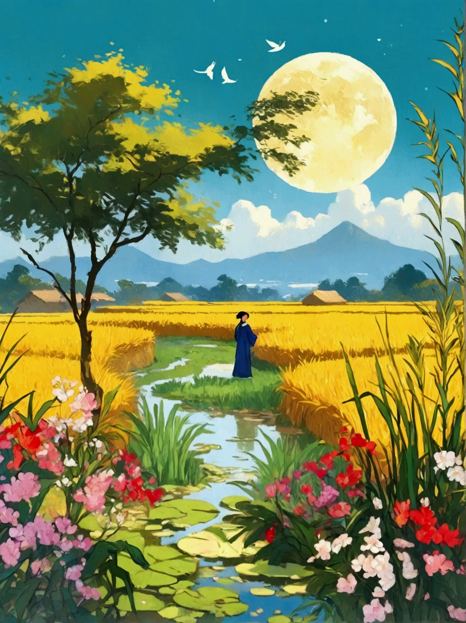 Canvas Illustration，Etienne Adolphe Piaud, Etienne Adolphe Piot，English Pre-Raphaelite painter，Pre-Raphaelite Brotherhood, ink style, masterpiece, Fantasy Garden，Aesthetic healing，moon，Star，Beautiful and poetic，Minimalism平面插画，Jiangnan countryside in summer，When you walk into this rice field，It&#39;s like being in a surreal dream。What unfolds before your eyes is a vast rice field，Golden rice swaying in the wind，The sun shines on it，Let the whole rice field shine with warm light。Rows of colorful wildflowers grow at the edge of a rice field，They sway gently in the breeze，Like dancing gracefully。Standing on the edge of a rice field，You can see flocks of birds singing happily in the wheat fields.，Their chirping blends in with the melodious sound of the wind in the rice fields.，It forms a wonderful natural symphony。Occasionally a bird flies up，Cut through the sky，Leaving beautiful curves，It seems to depict an unparalleled picture of the sky.。There is a clear stream flowing through the rice fields.，the river is crystal clear，Reflecting the blue sky, white clouds and surrounding scenery，Like a living mirror。The river flows slowly，Makes the water sound sweet，It&#39;s like nature composed a beautiful music for them.，Dynamic，Hazy feeling，Layering，Has a stunning visual effect，Fascinating lighting，Bright and vivid colors，Chiaroscuro，Flat，Minimalism，high quality，High Detail，HD晰，masterpiece，masterpiece，The painting style is meticulous，Refreshing colors，HD，in the style of Pre-Raphaelite Brotherhood