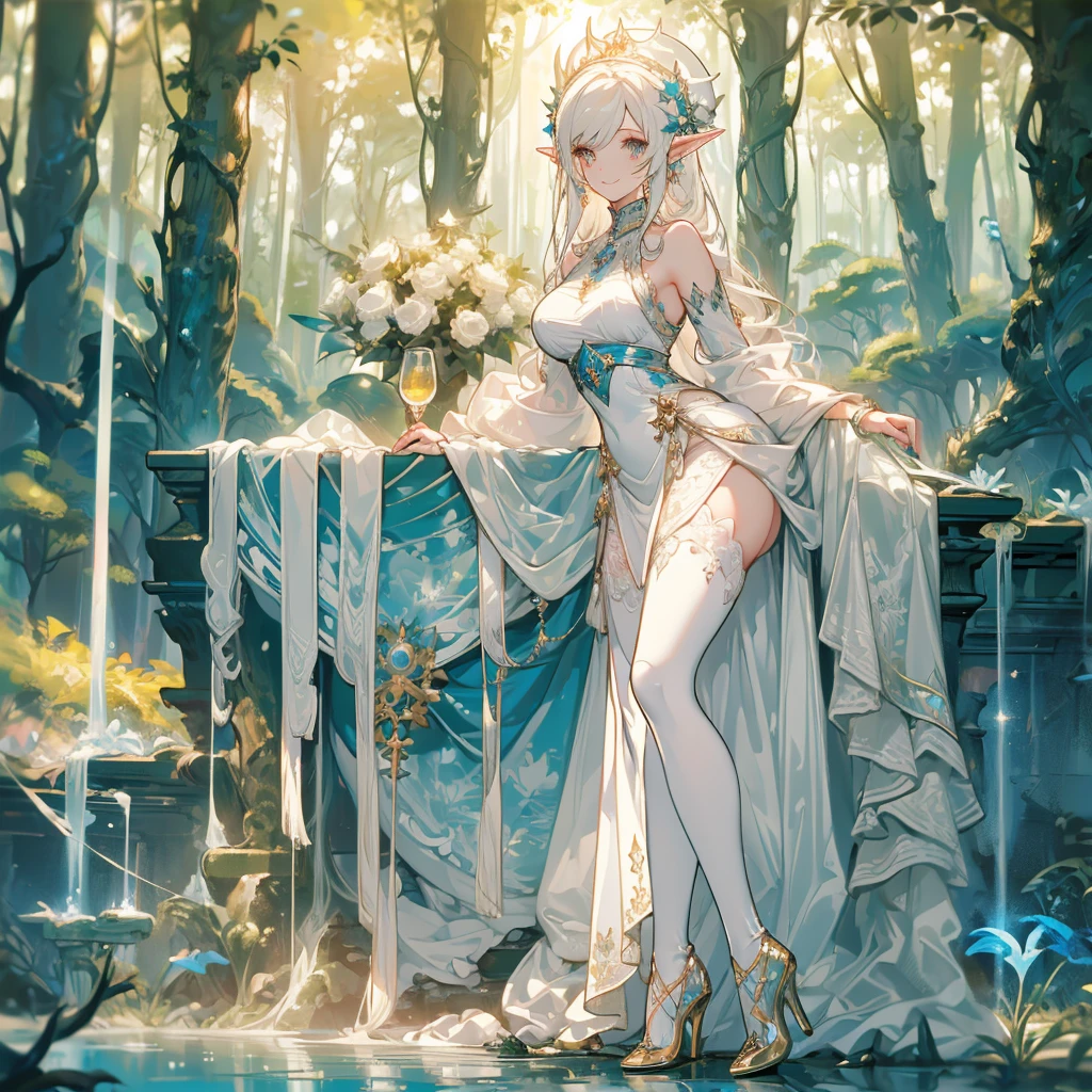 ((masterpiece， best quality))，Elf，Royal sister，forest，Sea of trees，Pure white background，Detailed face，Smile，whole body，Perfect body proportions，Glowing milky white eyes，sexly，Lush foliage and warm sunshine，Tattoo，extremely beautiful，transparent，High heel，Fishnet stockings，Star decoration,nude