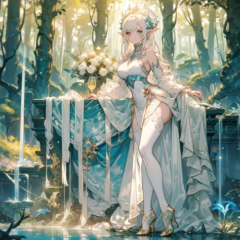 ((masterpiece， best quality))，elf，royal sister，forest，sea of trees，pure white background，detailed face，smile，whole body，perfect ...