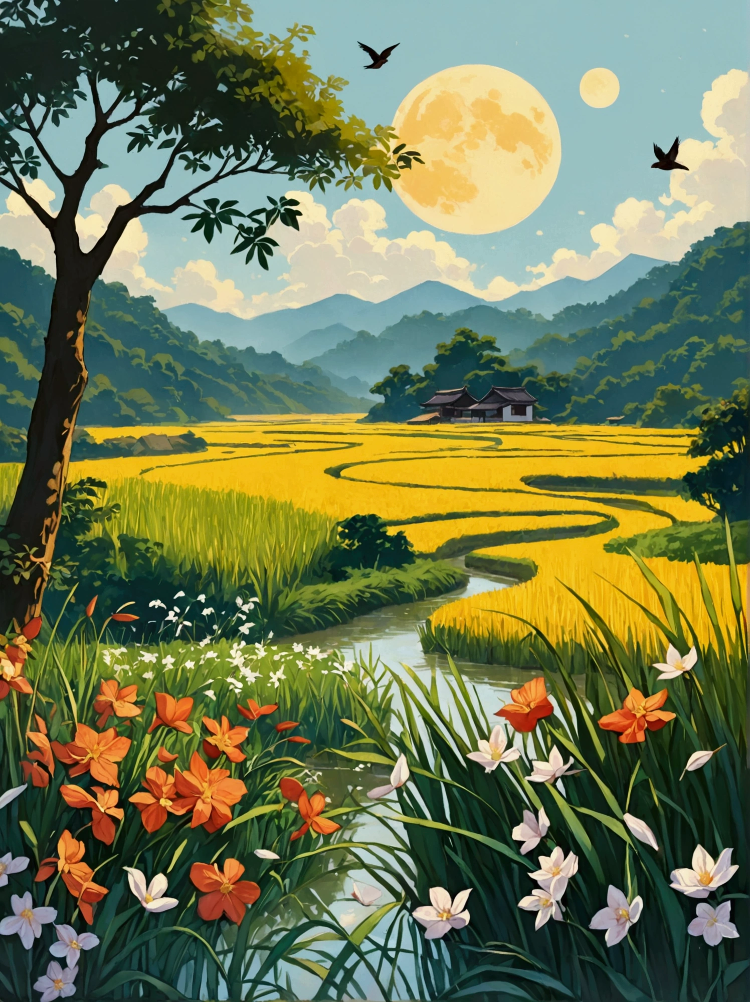 Canvas Illustration，Etienne Adolphe Piaud, Etienne Adolphe Piot，English Pre-Raphaelite painter，Pre-Raphaelite Brotherhood, ink style, masterpiece, Fantasy Garden，Aesthetic healing，moon，Star，Beautiful and poetic，Minimalism平面插画，Jiangnan countryside in summer，When you walk into this rice field，It&#39;s like being in a surreal dream。What unfolds before your eyes is a vast rice field，Golden rice swaying in the wind，The sun shines on it，Let the whole rice field shine with warm light。Rows of colorful wildflowers grow at the edge of a rice field，They sway gently in the breeze，Like dancing gracefully。Standing on the edge of a rice field，You can see flocks of birds singing happily in the wheat fields.，Their chirping blends in with the melodious sound of the wind in the rice fields.，It forms a wonderful natural symphony。Occasionally a bird flies up，Cut through the sky，Leaving beautiful curves，It seems to depict an unparalleled picture of the sky.。There is a clear stream flowing through the rice fields.，the river is crystal clear，Reflecting the blue sky, white clouds and surrounding scenery，Like a living mirror。The river flows slowly，Makes the water sound sweet，It&#39;s like nature composed a beautiful music for them.，Dynamic，Hazy feeling，Layering，Has a stunning visual effect，Fascinating lighting，Bright and vivid colors，Chiaroscuro，Flat，Minimalism，high quality，High Detail，HD晰，masterpiece，masterpiece，The painting style is meticulous，Refreshing colors，HD，in the style of Pre-Raphaelite Brotherhood