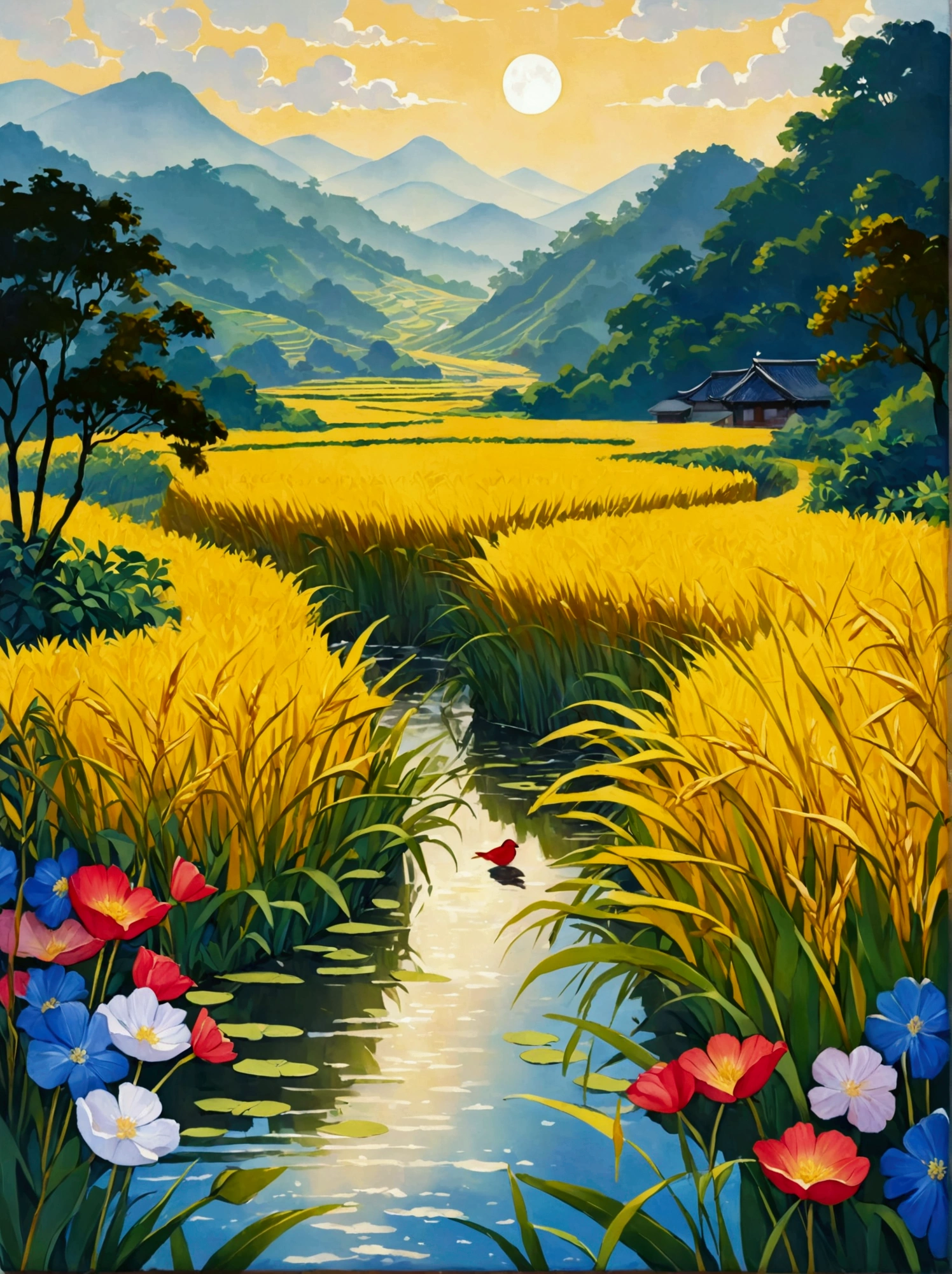 Canvas Illustration，Etienne Adolphe Piaud, Etienne Adolphe Piot，English Pre-Raphaelite painter，Pre-Raphaelite Brotherhood, ink style, masterpiece, Fantasy Garden，Aesthetic healing，moon，Star，Beautiful and poetic，Minimalism平面插画，Jiangnan countryside in summer，When you walk into this rice field，It&#39;s like being in a surreal dream。What unfolds before your eyes is a vast rice field，Golden rice swaying in the wind，The sun shines on it，Let the whole rice field shine with warm light。Rows of colorful wildflowers grow at the edge of a rice field，They sway gently in the breeze，Like dancing gracefully。Standing on the edge of a rice field，You can see flocks of birds singing happily in the wheat fields.，Their chirping blends in with the melodious sound of the wind in the rice fields.，It forms a wonderful natural symphony。Occasionally a bird flies up，Cut through the sky，Leaving beautiful curves，It seems to depict an unparalleled picture of the sky.。There is a clear stream flowing through the rice fields.，the river is crystal clear，Reflecting the blue sky, white clouds and surrounding scenery，Like a living mirror。The river flows slowly，Makes the water sound sweet，It&#39;s like nature composed a beautiful music for them.，Dynamic，Hazy feeling，Layering，Has a stunning visual effect，Fascinating lighting，Bright and vivid colors，Chiaroscuro，Flat，Minimalism，high quality，High Detail，HD晰，masterpiece，masterpiece，The painting style is meticulous，Refreshing colors，HD，in the style of Pre-Raphaelite Brotherhood