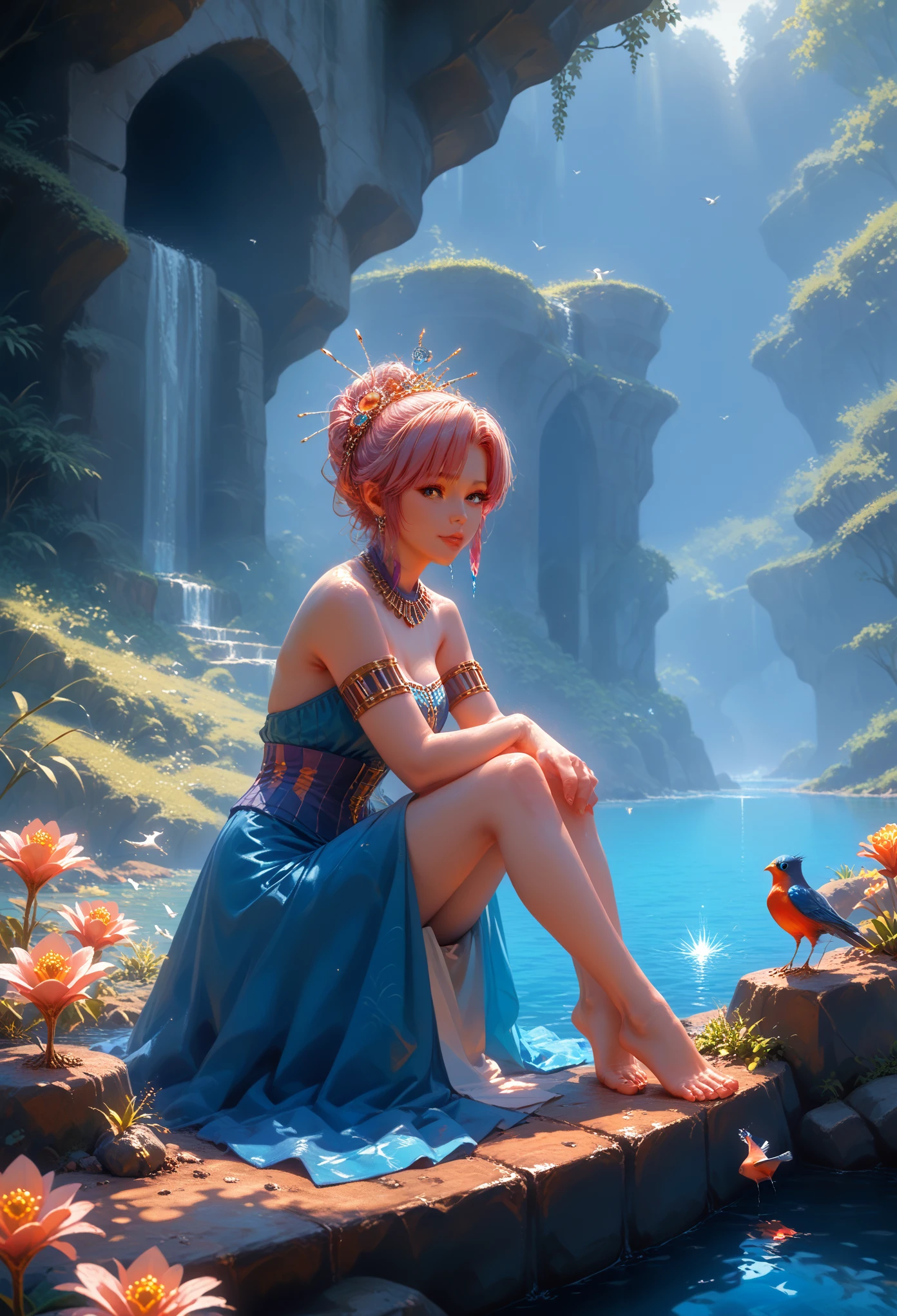 score_9,score_8_up,score_7_up,masterpiece,best quality,8k,source_cartoon,source_アニメ, goddess,Beautiful Volasi, plays the flute,sits on a rock by the pond, belve, Birds, Fishes, Listening intently, A picture of extraordinary beauty, Everything sparkles in the rays of the sun, masterpiece, with Full Detailing, Unforgettable Melody, pfstyle 1, The Brightest Colors, The palette seems to be alive,Shine