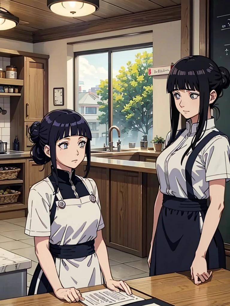 cafeteria、atmosfera tranquila、1 female(cafeteriaの店主、(looking 35 years old、woman like Hinata Hyuga married、Beauthfull:1.2)、the other side of the counter、Blue-black hair、Hair tied in a bun with clips、Pearly eyes、offwhiteＹchemise、Short apron)、ssmile、