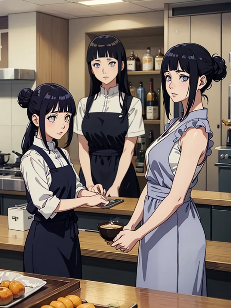 cafeteria、atmosfera tranquila、1 female(cafeteriaの店主、(looking 35 years old、woman like Hinata Hyuga married、Beauthfull:1.2)、the other side of the counter、Blue-black hair、Hair tied in a bun with clips、Pearly eyes、offwhiteＹchemise、Short apron)、ssmile、